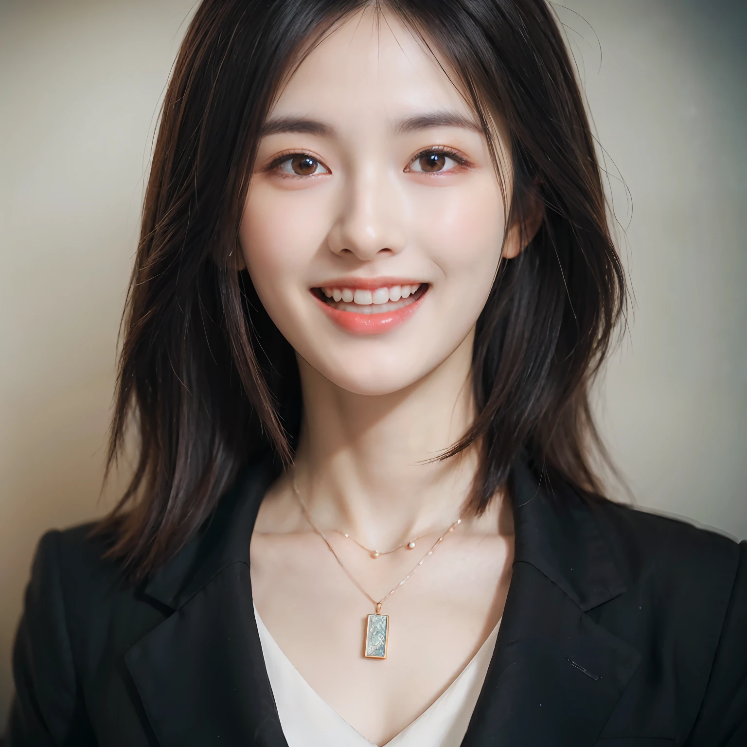 A close up of a woman wearing a black jacket and a necklace - SeaArt AI