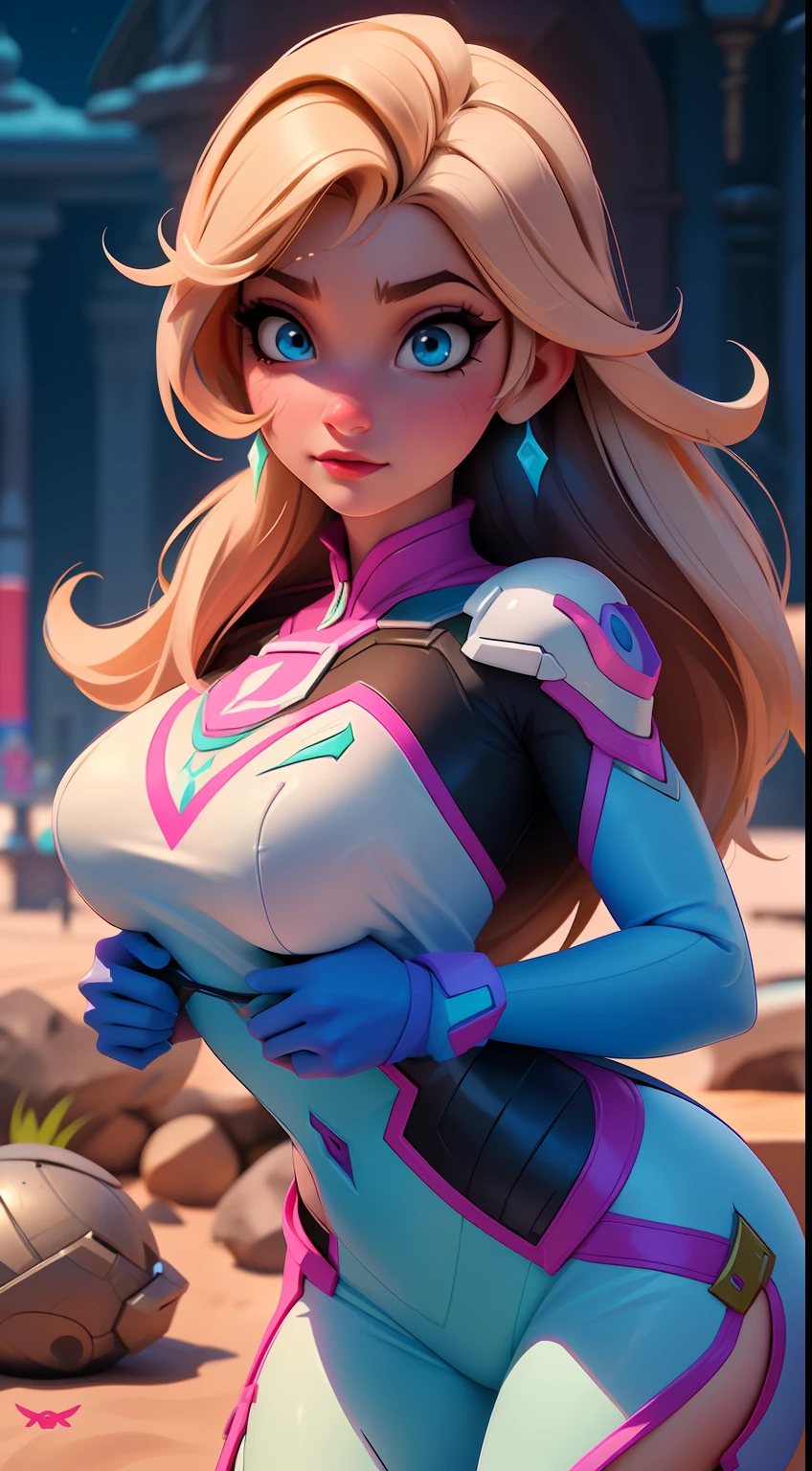 Elsa-D.Va Fusion, Mesclando modelos, melting, Roupas da D.Va, 1girl, Beautiful, character, Woman, female, (master part:1.2), (melhor qualidade:1.2), (sozinho:1.2), ((pose de luta)), ((campo de batalha)), cinemactic, olhos perfeitos, pele perfeita, perfect lighting, sorrir, luz, cor, pele texturizada, detalhe, Beleza, maravilha, ultra-detalhado, rosto perfeito