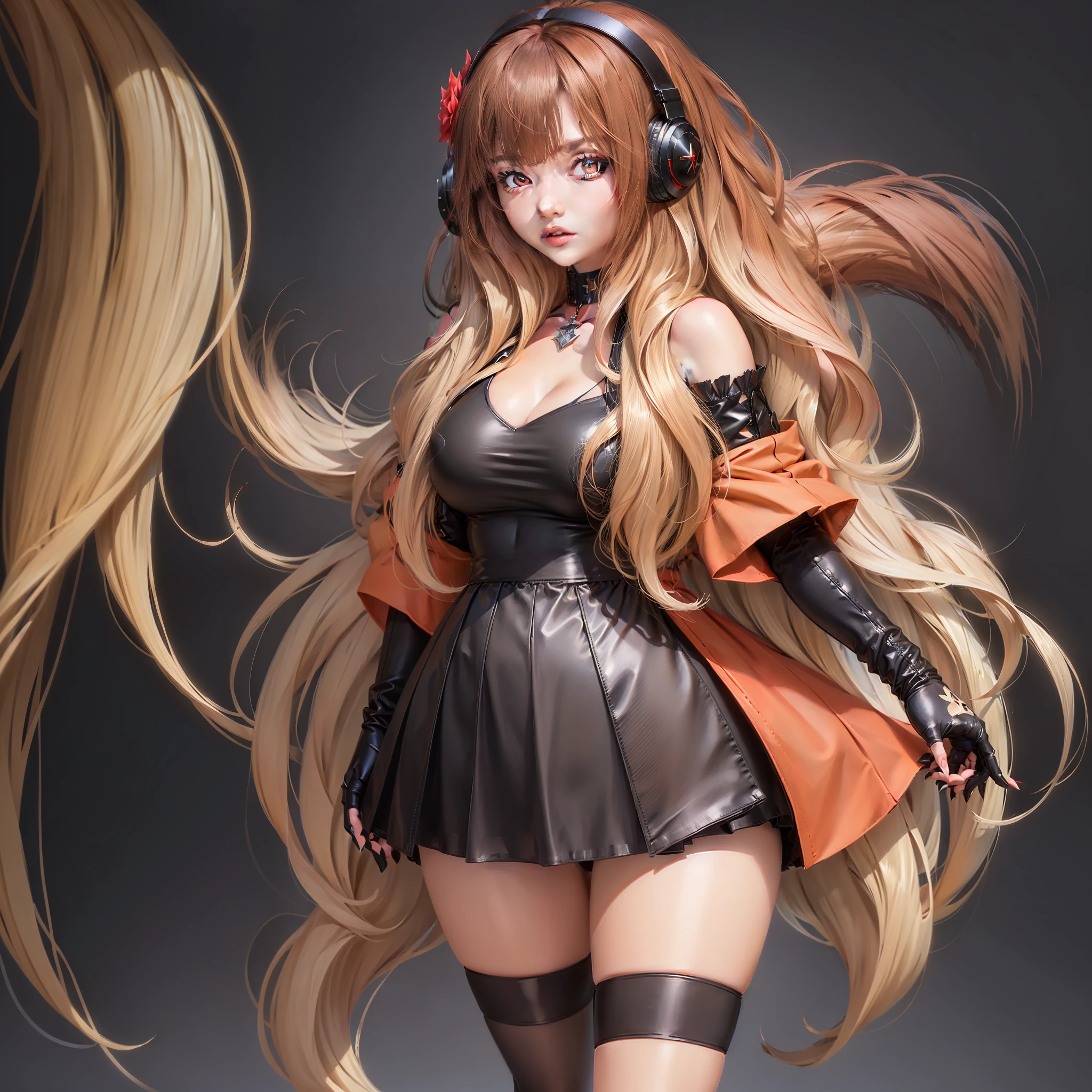 ((Masterpiece, highest quality)), detailed face, character sheet, Full body, full of details, multiple poses and expressions, highly detailed, depth, many parts, 1girl, girl in a skirt and headphones, :3, long hair, bangs, multicolored hair, two-tone hair, gradient hair, brown hair, ombre hair, [[[[[[[[[pink hair]]]]]]]]], black crop top, red skirt, gloves, stockings, black choker, red eyes, star (symbol), symbol-shaped pupils,