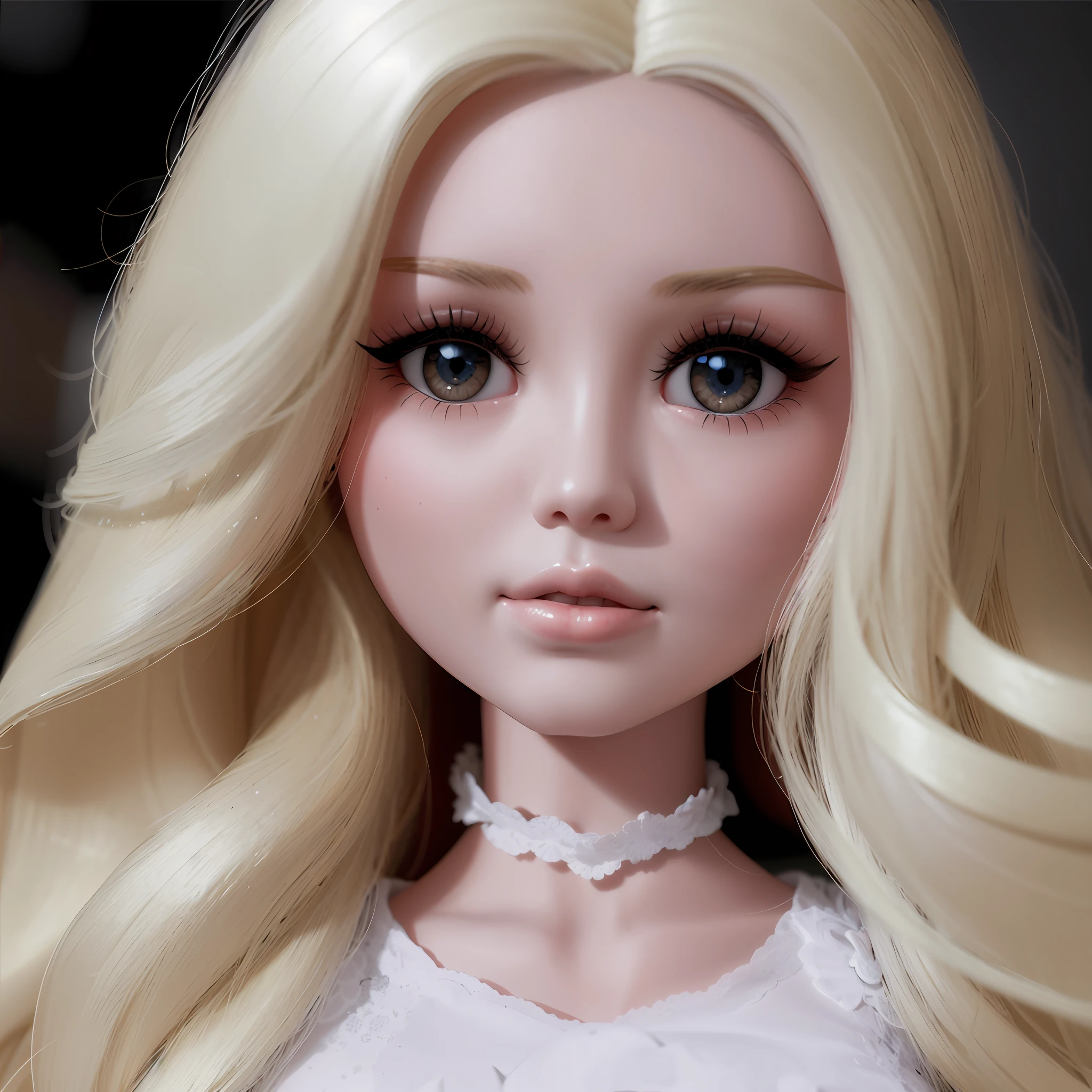 boneca barbie loira com longos cabelos loiros, sorriso suave, Perfect eyelashes and a white lace dress, longos cabelos loiros e olhos grandes, boneca articulada da bola, longos cabelos loiros e olhos grandes, cabelos loiros e olhos grandes, skyboneca noa | | |, imagem detalhada, imagem detalhada, plastic doll, pale milky white porcelain skin, boneca barbie anime, Retrato da boneca Barbie, boneca, cara de boneca, porcelana pele branca