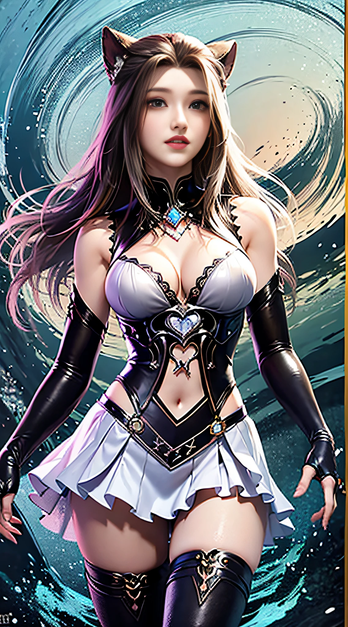 ((Dark light,top-quality,8K,tmasterpiece:1.3)),(In China,Casual theme,exteriors:1.5),standing under the sea,(Beauty with slender abs:1.4),((Layered Hair Style)),((White color blouse:1.6)),((Short white lace skirt:1.3)),mediuml breasts,cleavage,Anatomically correct,Highly Detailed Face and Skin Textur, Whitens the skin,water elemental,Light element,Perfect body proportion,Epic composition,