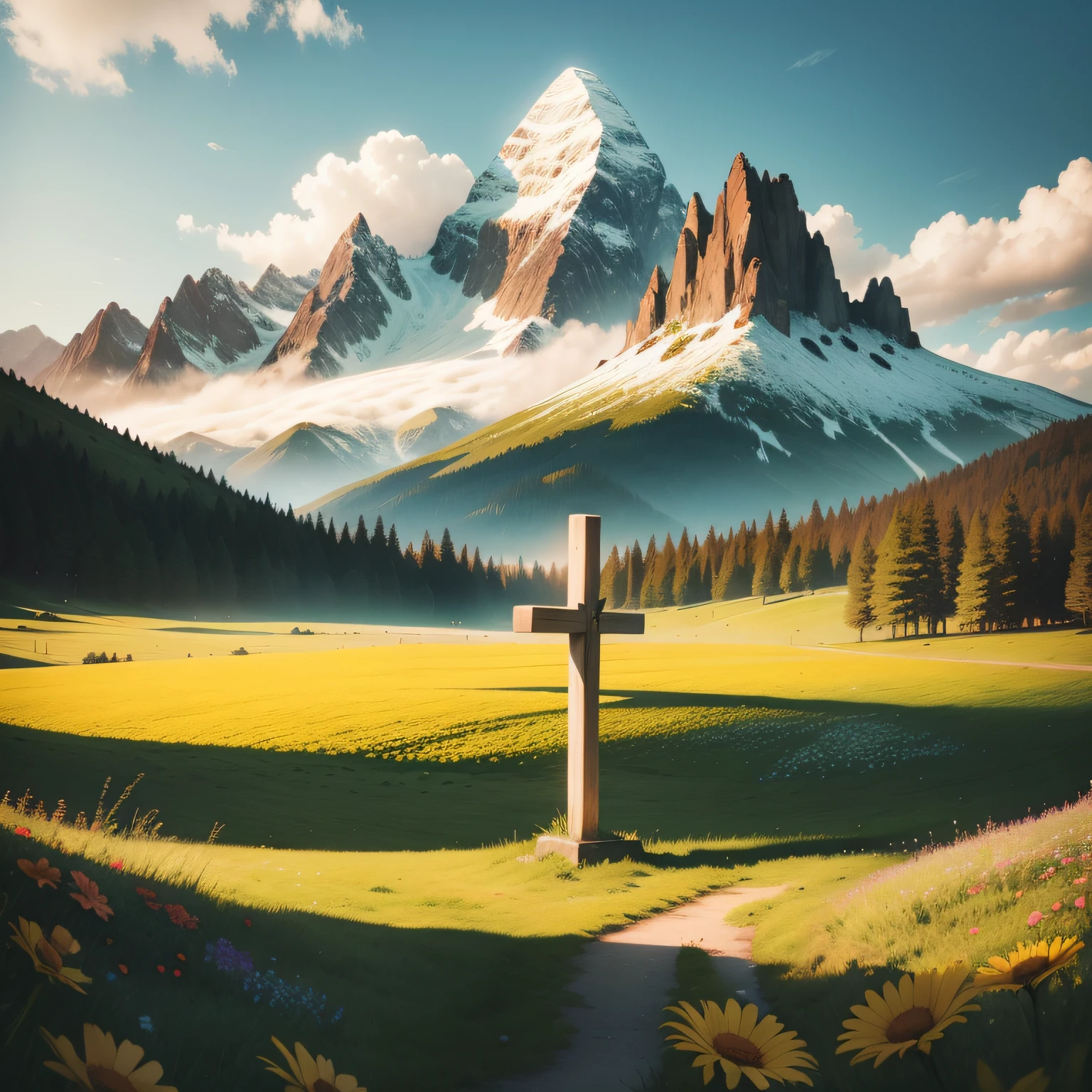 "Create an image prompt: A flower-filled meadow with beautiful flowers, a cross in the middle of the field, and a mountain in the background."