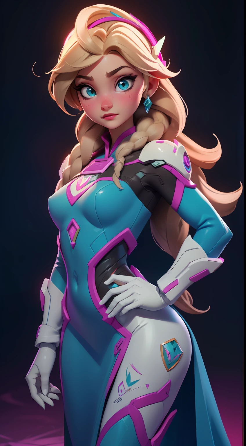 Elsa-D.Va Fusion, Mesclando modelos, melting, Roupas da D.Va, 1girl, Beautiful, character, Woman, female, (master part:1.2), (melhor qualidade:1.2), (sozinho:1.2), ((pose de luta)), ((campo de batalha)), cinemactic, olhos perfeitos, pele perfeita, perfect lighting, sorrir, luz, cor, pele texturizada, detalhe, Beleza, maravilha, ultra-detalhado, rosto perfeito