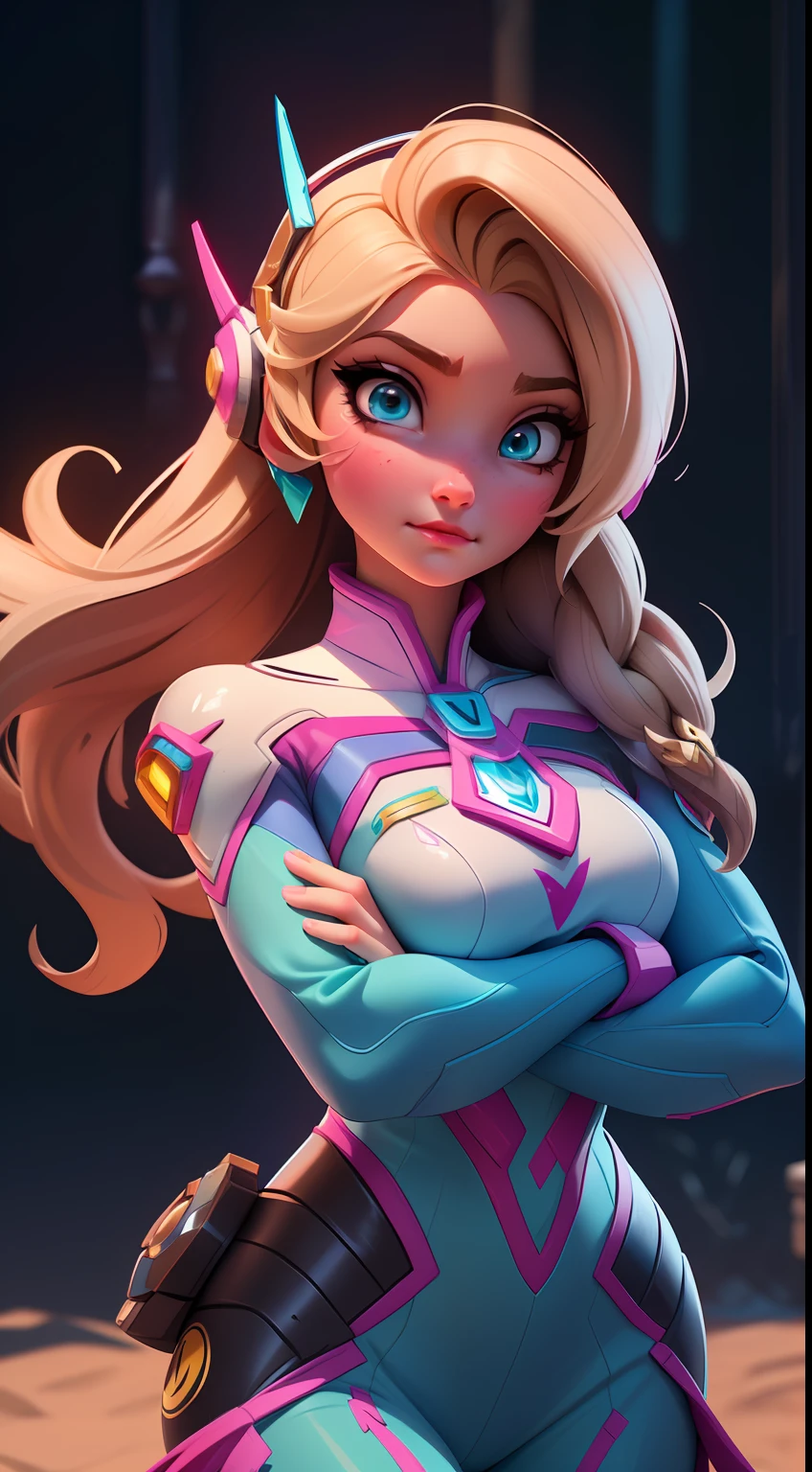 Elsa-D.Va Fusion, Mesclando modelos, melting, Roupas da D.Va, 1girl, Beautiful, character, Woman, female, (master part:1.2), (melhor qualidade:1.2), (sozinho:1.2), ((pose de luta)), ((campo de batalha)), cinemactic, olhos perfeitos, pele perfeita, perfect lighting, sorrir, luz, cor, pele texturizada, detalhe, Beleza, maravilha, ultra-detalhado, rosto perfeito