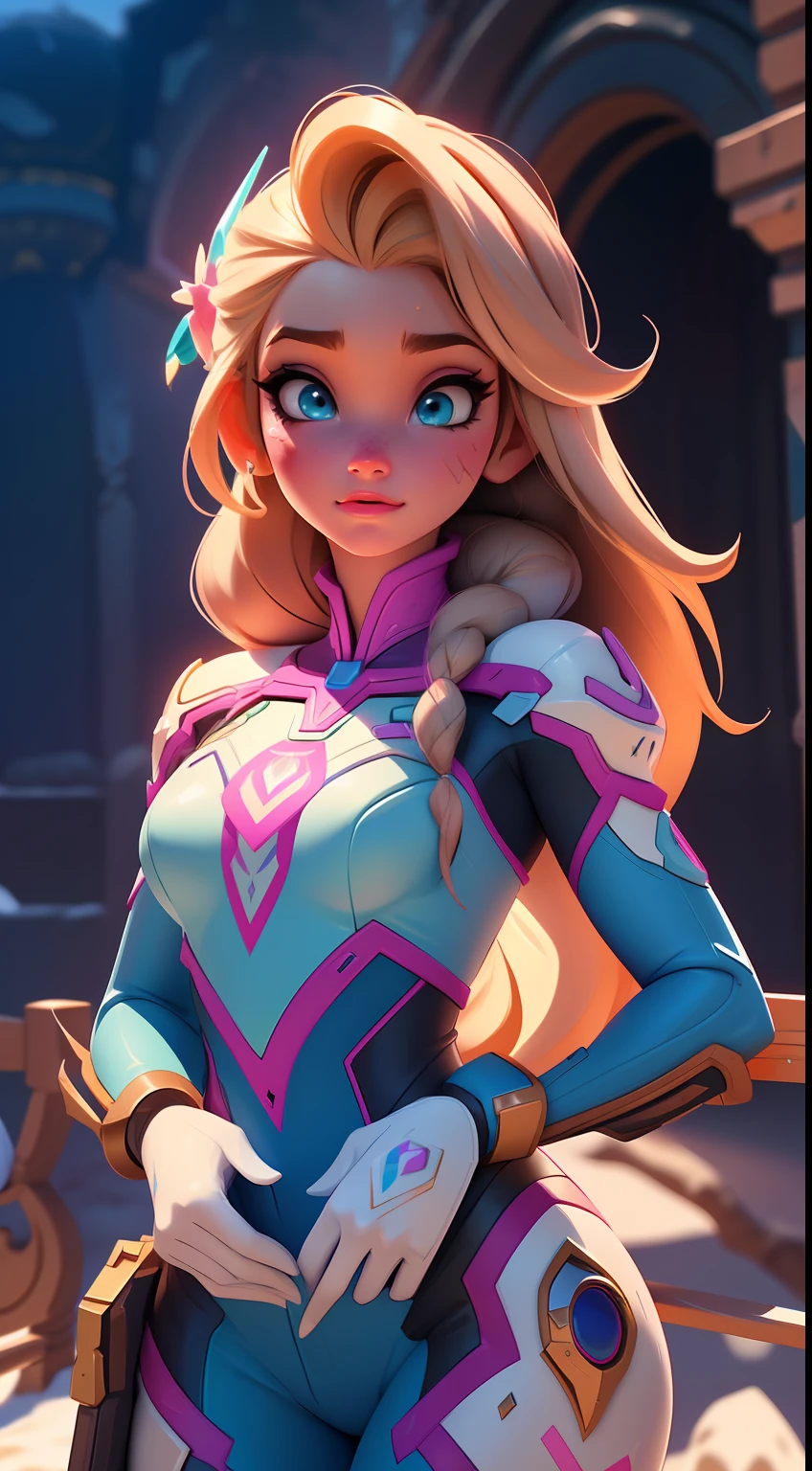 Elsa-D.Va Fusion, Mesclando modelos, melting, Roupas da D.Va, 1girl, Beautiful, character, Woman, female, (master part:1.2), (melhor qualidade:1.2), (sozinho:1.2), ((pose de luta)), ((campo de batalha)), cinemactic, olhos perfeitos, pele perfeita, perfect lighting, sorrir, luz, cor, pele texturizada, detalhe, Beleza, maravilha, ultra-detalhado, rosto perfeito