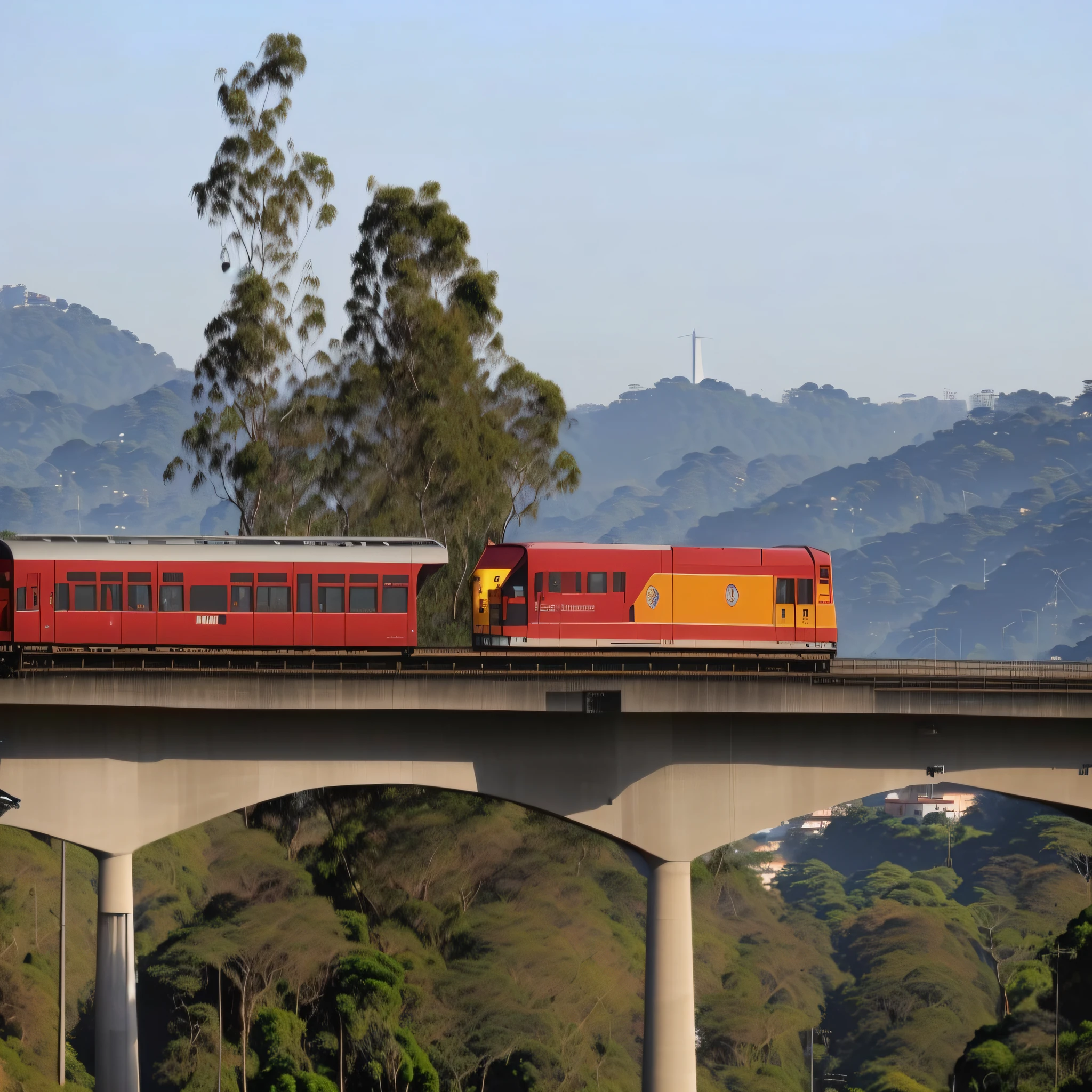 Trem de Araffe em uma ponte com montanhas ao fundo, Directed by: Fernando Gerassi, Trem, Linha Laranja, arte mista, CP2077, Belas vistas, arredores da cidade, Trens, trens em segundo plano, Pontes altas, tiro ambiental, Mechabot, plataforma, viaduto, Malika Favre, 4 0 9 6, sao paulo