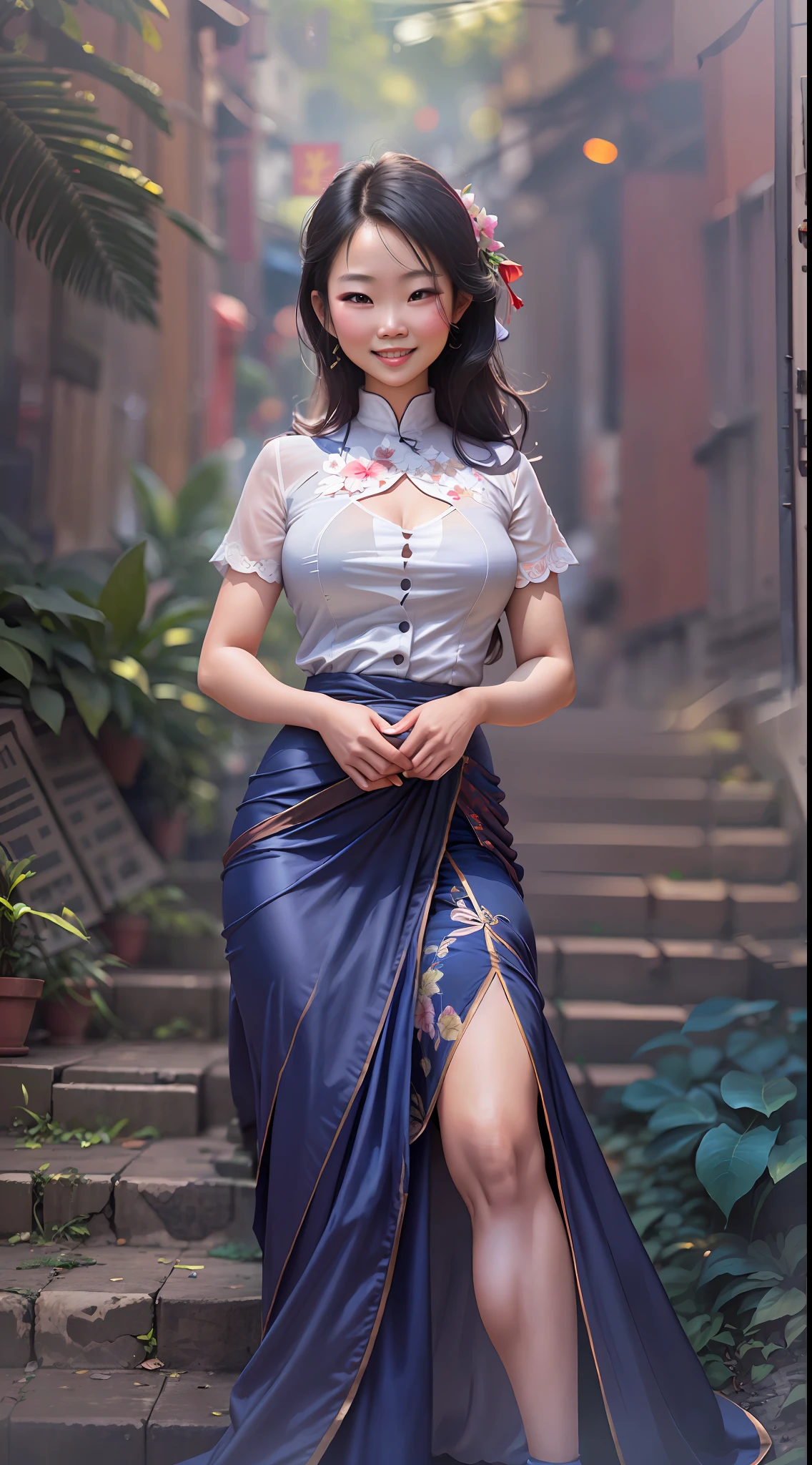 obra-prima, Ultra High Definition, maximum resolution, 8k, Vietnam girl, extremamente bonita, (sozinha), (corpo inteiro) (chubby), quadris largos, coxas grossas, bunda grande, (Rosto extremamente detalhado), olhos muito detalhados, delicate strokes, usar lindo vestido curto de seda, natural lightting, sorriso malicioso , (Front view), Hanoi Streets