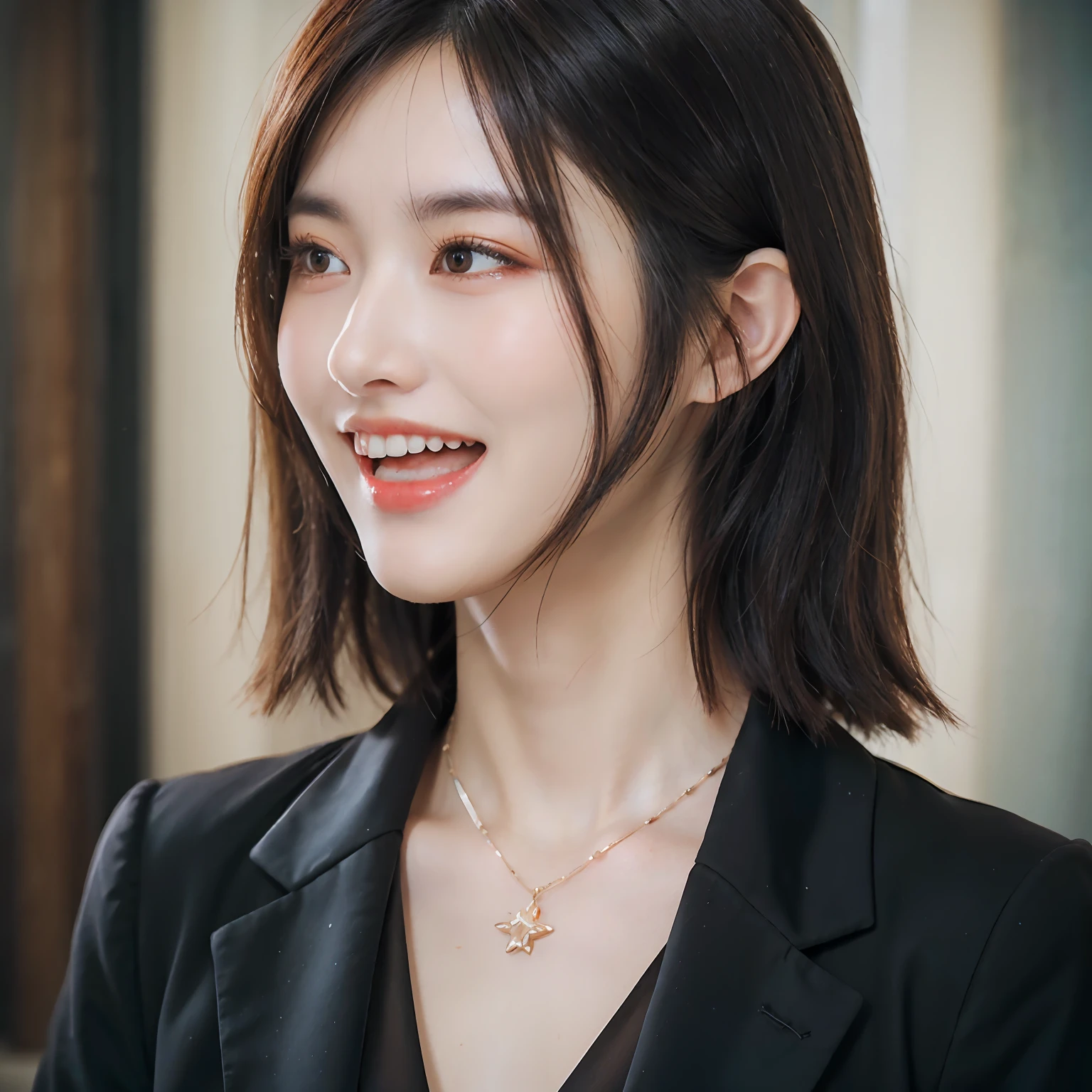 Dressed, (photographrealistic:1.4), (Hyper realistic:1.4), (Realistic:1.3), (Smoother lighting:1.05), (increase cinematic lighting quality:0.9), 32K, 1girl in,25-years old, Realistic lighting, Backlighting, Light on Face, raytrace, (Brightening light:1.2), (Increase quality:1.4), (Top quality real texture skins:1.4), finely detailed eyes, finerly detailed face, (tired and sleepy and joy:0), (Laugh:1.4), Black Suit,a necklace, (Increase body line mood:1.1), (Increase the beauty of skin texture:1.1)