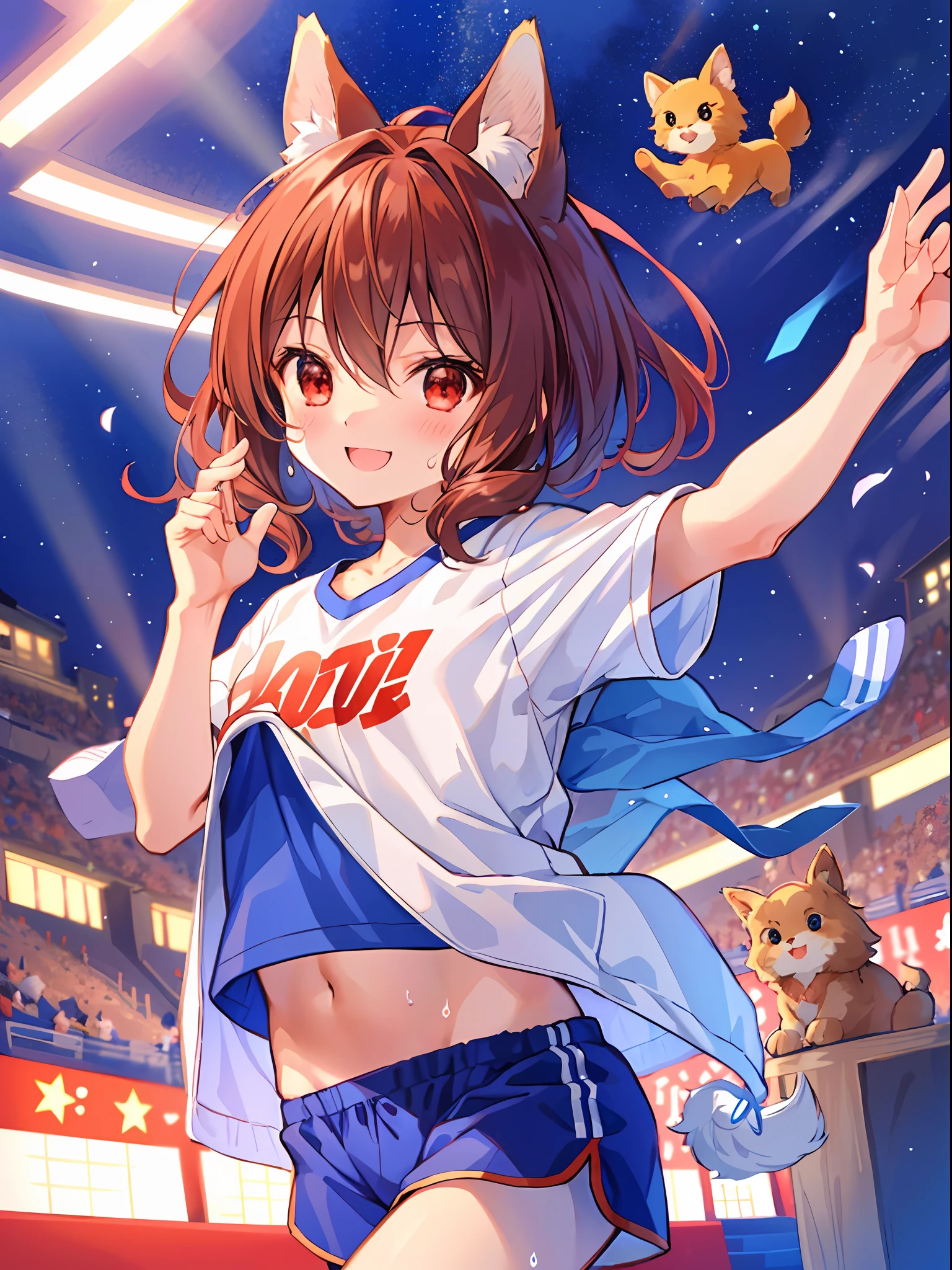 （tmasterpiece：1.2），Best quality at best，perfect anatomia，The is very detailed，
break
Cute pine tree anthropomorphic，shaggy，light  smile，独奏，
adorable big eyes，adorable eyes，（red eyes：1.4），（Furry ears：1.4），
break
Sport shirt，sweat shorts，
break
school，running track，Small animals anthropomorphize
break
Look at the audience，Character Spotlight，ssmile，run，