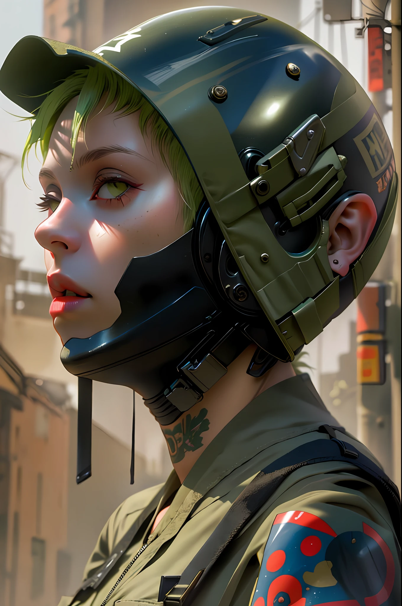 Garota usando capacete militar, cabelo colorido e fumando um charuto, estilo Tank Girl, Post-apocalyptic world, rosto limpo tatuagem fofa, ((( nijistyle ))), melhor qualidade, obra prima, clean face, band-aid no nariz