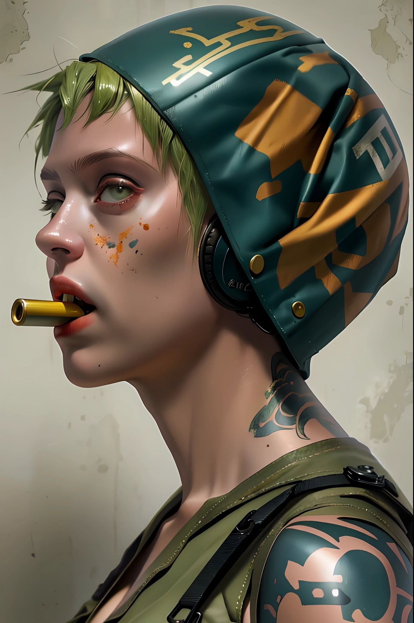 Garota usando capacete militar, cabelo colorido e fumando um charuto, estilo Tank Girl, Post-apocalyptic world, rosto limpo tatuagem fofa, ((( nijistyle ))), melhor qualidade, obra prima, clean face, band-aid no nariz