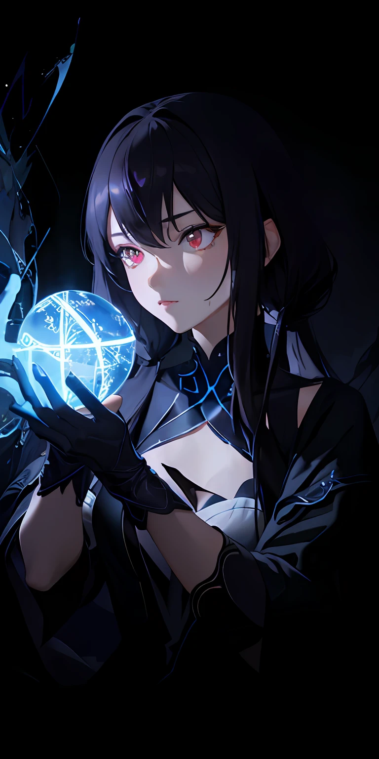 (masterpiece, best quality, ultra-detailed, best shadow), (detailed background,dark fantasy), (beautiful detailed face), high contrast, (best illumination, an extremely delicate and beautiful), ((cinematic light)), colorful, hyper detail, dramatic light, intricate details, (1 girl, solo,black hair, sharp face,low twintails,red eyes, hair between eyes,dynamic angle), blood splatter, swirling black light around the character, depth of field,black light particles,(broken glass),magic circle,