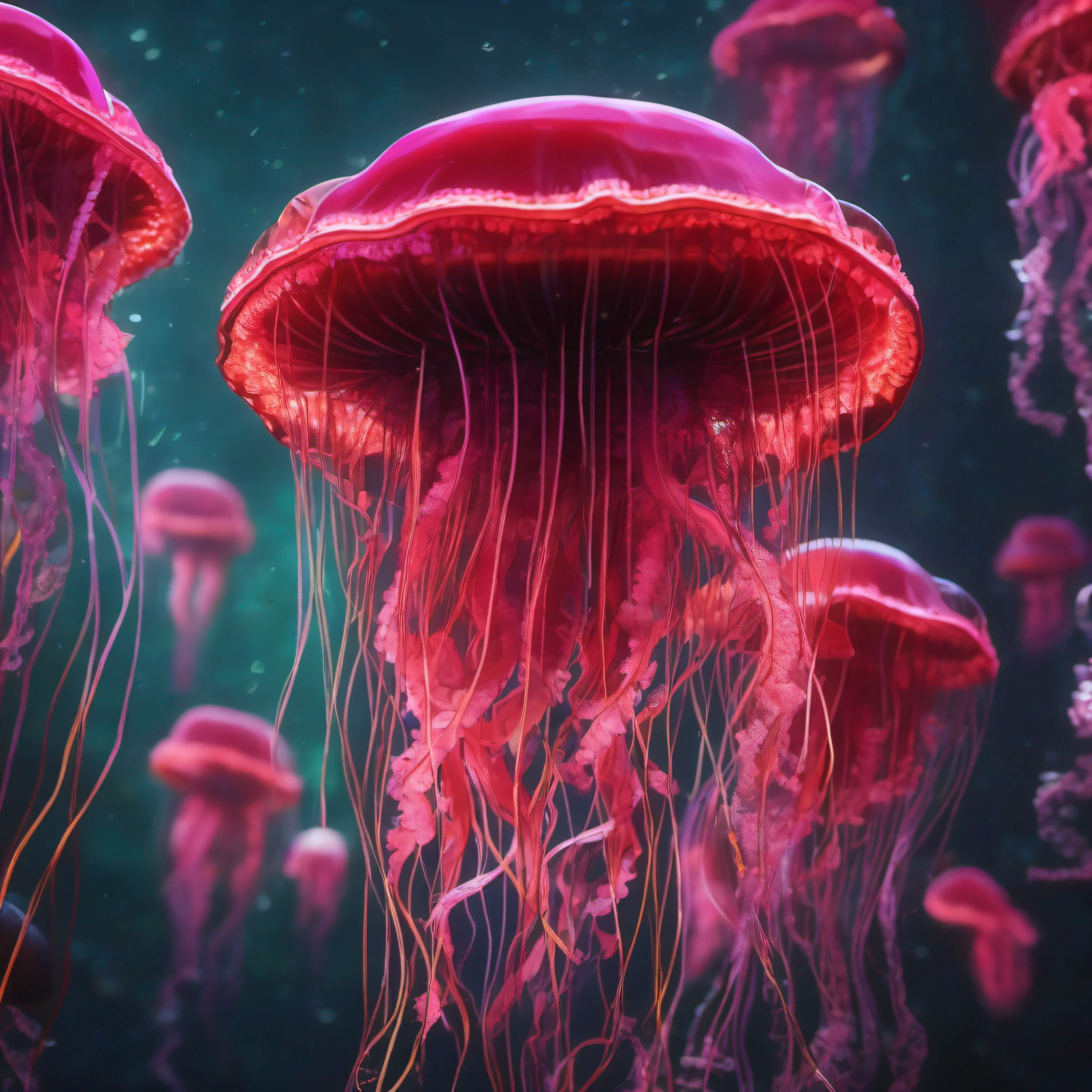 Neon jellyfish swimming, jellyfish, Mer sombre, Neon beautiful jellyfish, Rendu 3D, Actif Red Dead Redemption 2, Highly detailed 3D resource, National Geographic, documentaire, Extremely detailed, 4K