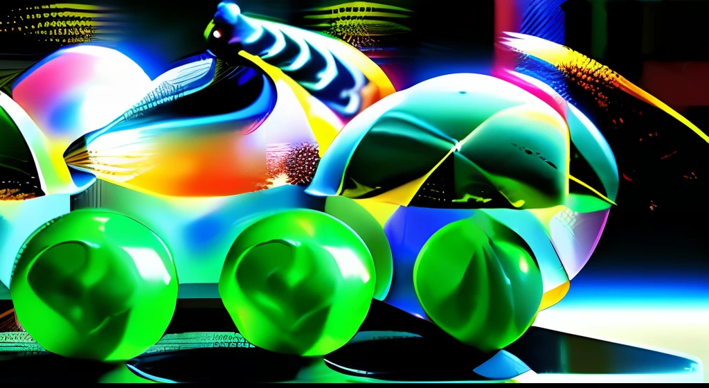 Balls in outer space with emerald green background and strong deep blue Salvador Dali style