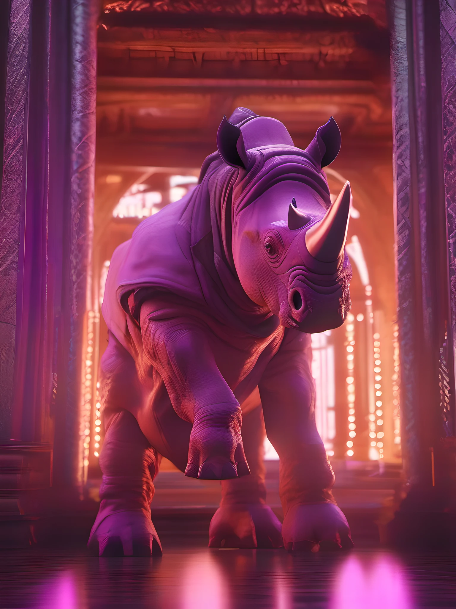 A portrait of a anthropomorphic rhinoceros Copper red long color hair elegant pleated outfit Chic style eye contact, emotional expression Cyberpunk leather style outfit animal symmetrical eyes full body beauty art Photography in the style of Wes Anderson Knee-up portrait purple tint Renderosity symmetrical eyes NVIDIA Iray render Smooth sharp focus Photorealism Photography Realistic Detail Depth of field 8k Full HD 3d Super resolution octane render award winning photo shot on Canon DSLR, f/2.8 Long exposure, 25mm, unreal engine