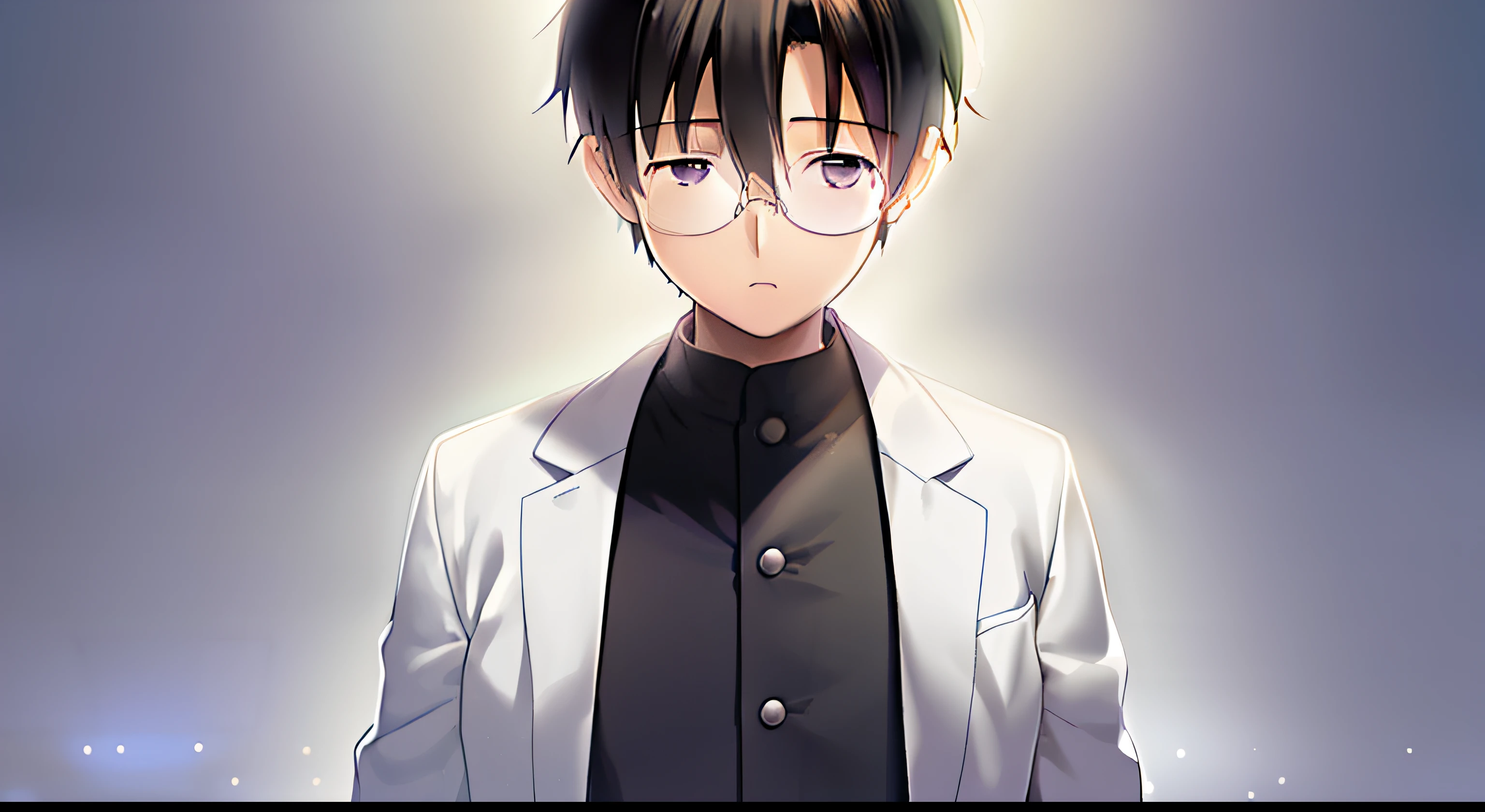 1boy, solo, cg art, sakaki, very short straight black hair, without pony, overweight, indigo eyes, (white pharmacist coat), (black outlet uniform), behind the viewer, limbo, all black, leaving, lighting, sad, glasses