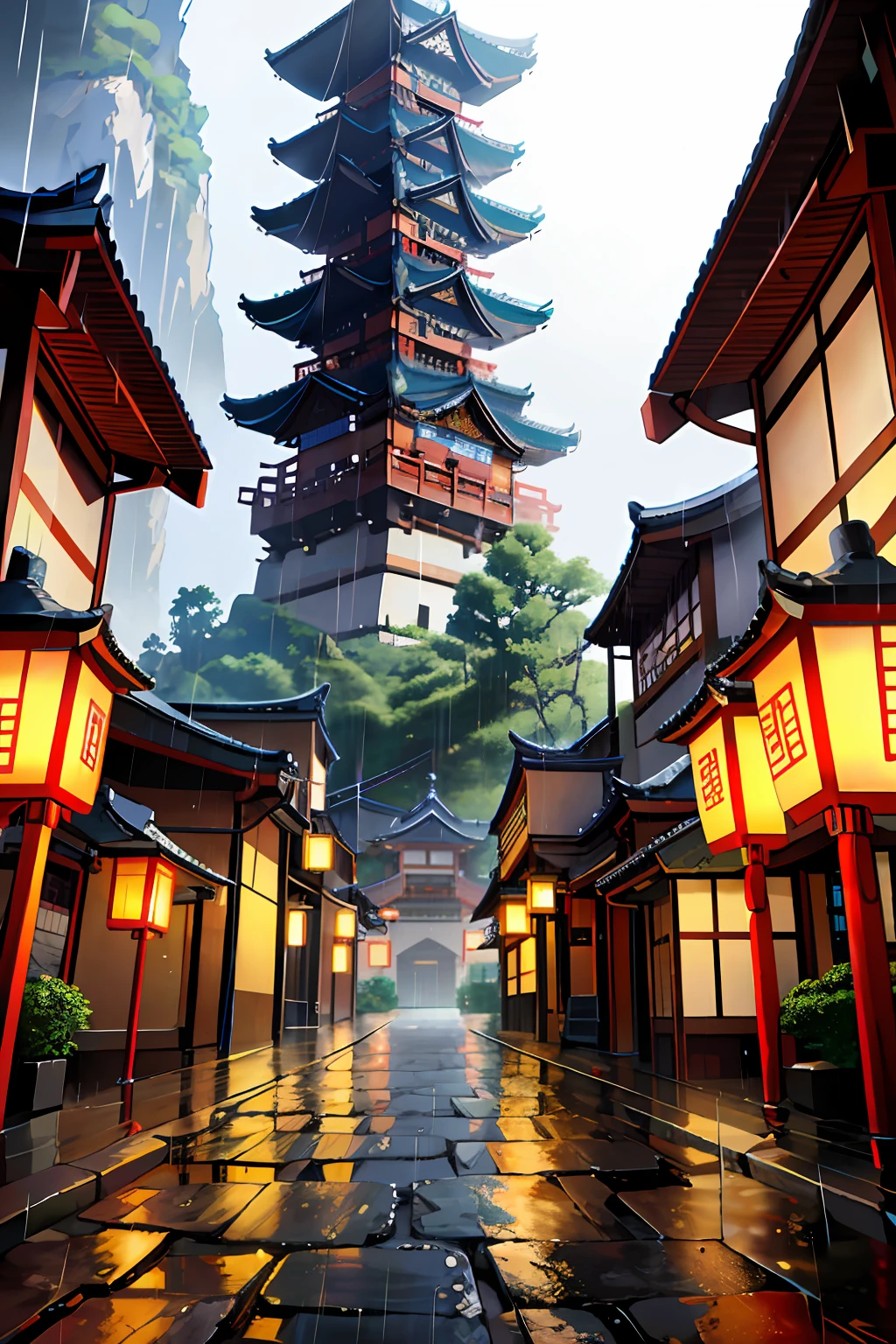 arafed view of a village with a lot of lights on the buildings, dreamy chinese town, chinese village, amazing wallpaper, japanese town, japanese village, hyper realistic photo of a town, old asian village, japanese city, by Raymond Han, rainy evening, cyberpunk chinese ancient castle, beautifully lit buildings, at evening during rain, beautiful and aesthetic, photography, cinematic, 8k, high detailed ((Heavy rain)))