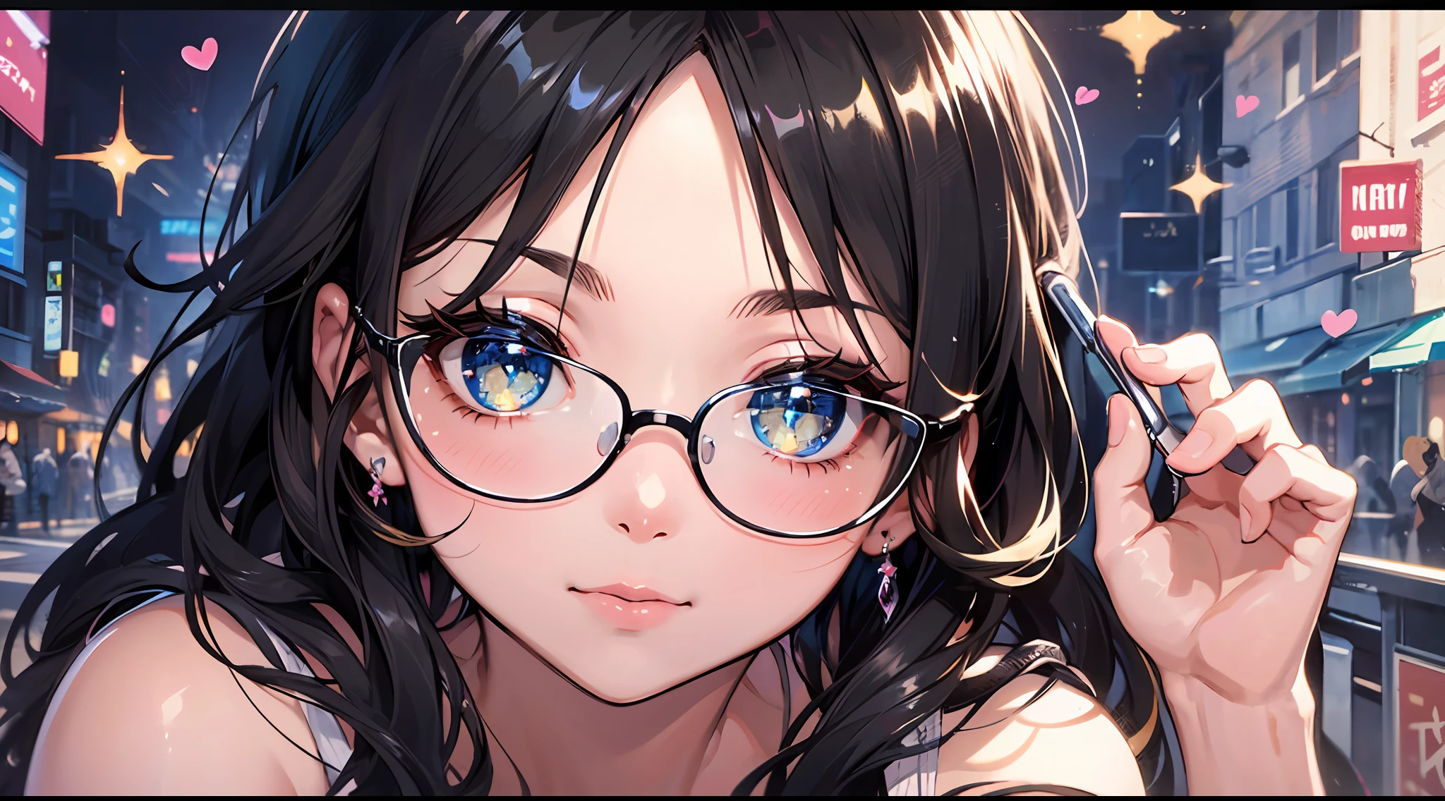 ((masterpiece)), ((Best Quality)), (Ultra-detailed), ((kawaii)), (Cute), (lovely), ((Sexy)), (Ero), ((Extremely detailed)), 4K, (8K), Best Quality, (Beautiful), Illustration, Anime style, Painting, （Front view), beautiful black hair color, Beautiful, detailed eyes, jewel-like eyes, colorful eyes, sparkling eyes, ((Beautiful eyes)), Slightly white-skinned, glasses, look at someone with a fixed face, sparkling effect, shiny-glistening, gleaming
