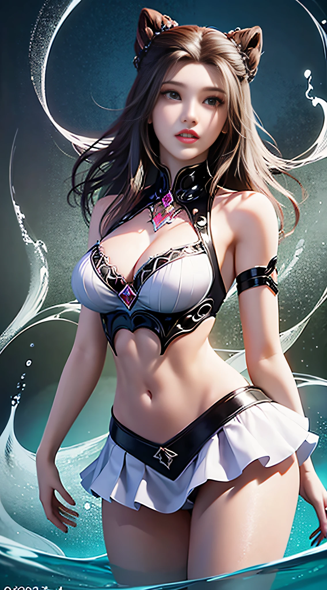 ((Dark light,top-quality,8K,tmasterpiece:1.3)),(In China,Casual theme,exteriors:1.5),standing underwater,(Beauty with slender abs:1.4),((Layered Hair Style)),((White color blouse:1.6)),((Short white lace skirt:1.3)),mediuml breasts,cleavage,Anatomically correct,Highly Detailed Face and Skin Textur, Whitens the skin,water elemental,Light element,Perfect body proportion,Epic composition,