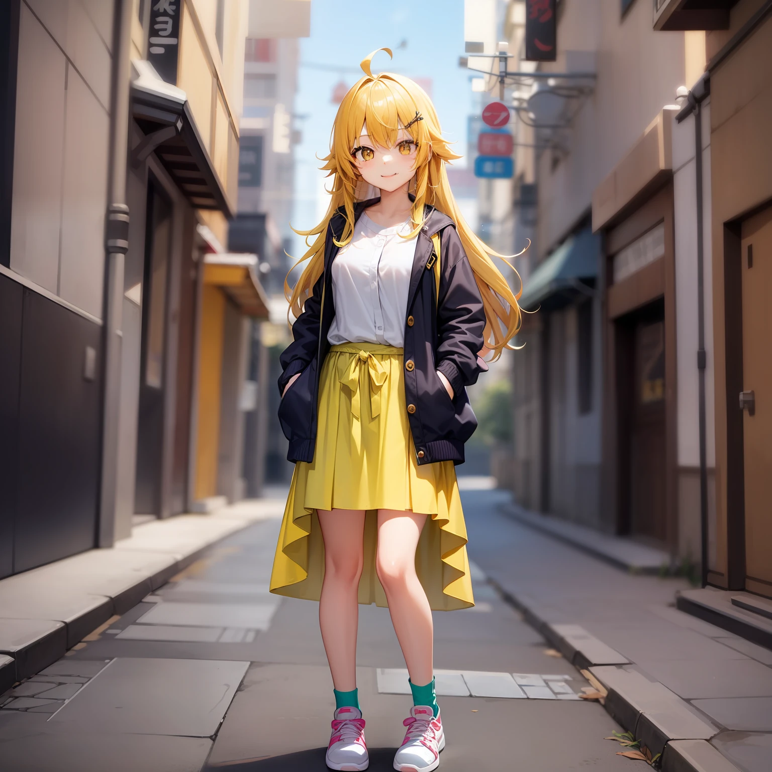 Anime style、女の子1人、full body Esbian、A smile、{hairstyle on：（Yellow hair)、(Longhaire),(Ahoge),(Straight hair)}、yellow  eyes、Yellow cardigan、long  skirt、Yellow sneakers、小柄、small tits、Front perspective