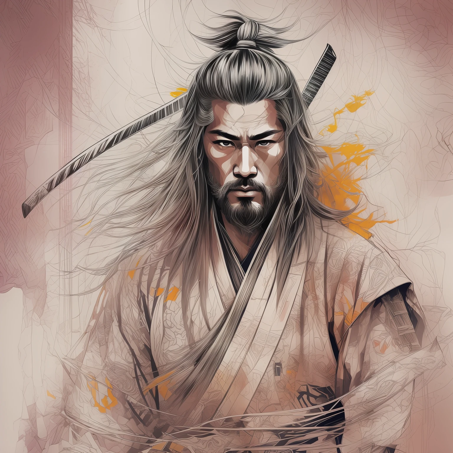 ((Vibrant colors)). A detailed portrait of long hair samurai in Japanese Edo period in Richard Anderson's art style, double exposure with sepia Carne Griffiths art style, with a unique blend of realism and abstraction. full body action pose shot, black and white sketch. comic style.