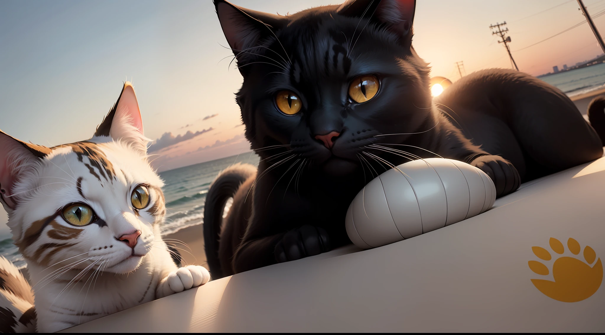 Gato branco e preto junto de um pintinho amarelo vendo o por do sol