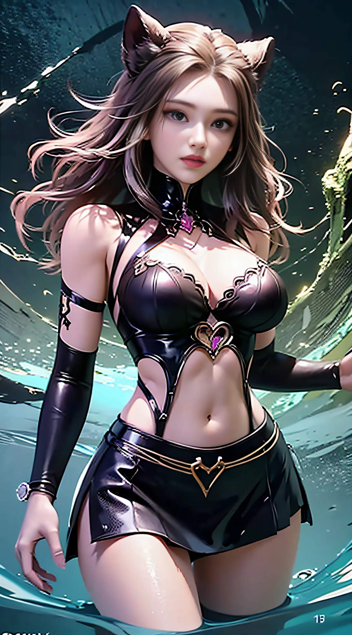 ((Dark light,top-quality,8K,tmasterpiece:1.3)),(In China,Casual theme,exteriors:1.5),standing underwater,(Beauty with slender abs:1.4),((Layered Hair Style)),((White color blouse:1.6)),((Short white lace skirt:1.3)),mediuml breasts,cleavage,Anatomically correct,Highly Detailed Face and Skin Textur, Whitens the skin,water elemental,Light element,Perfect body proportion,Epic composition,