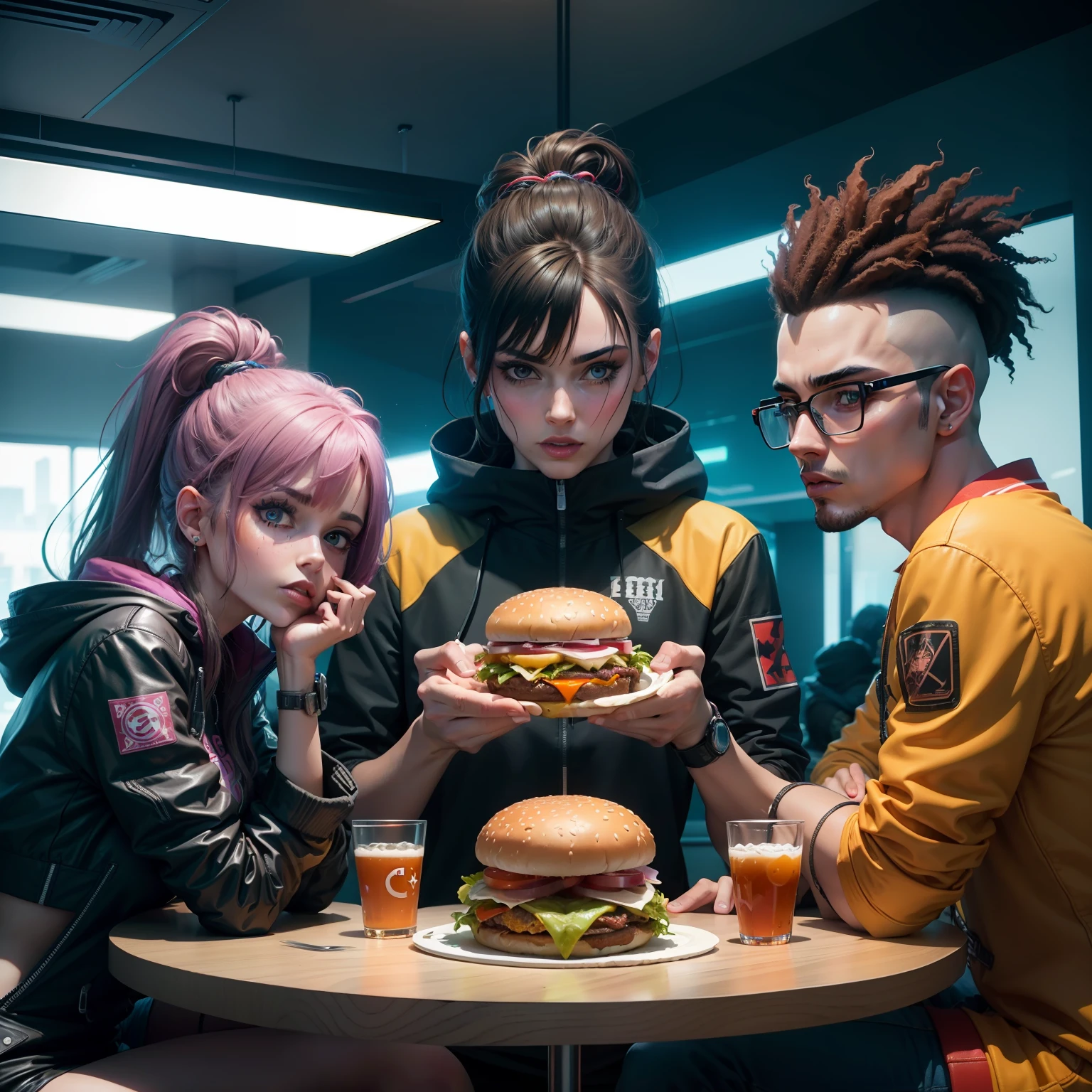 Create three people in a room, comendo hamburguer, estilo cyberpunk.
