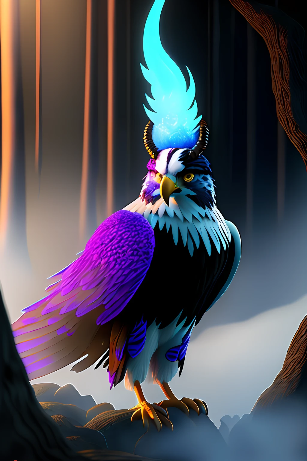Photo of an evil black and white hawk with feathers with blue fire and horns and bright purple eyes amid the mist of a shadowy forest, magia-fantasia-floresta, arte digital, most amazing art in the world, ((sem humanos)), Light Volumetric, cores suaves equilibradas, forest scenery, videiras, uhd, render de octanas 8k, magica, Awesome, ethereal, intrincado, design intrincado, ultra sharp, sombras, cores mais frias, trend in CGSociety, olhos brilhantes, ((melhor qualidade)), ((obra-prima)), (detalhado), corvo com penas azuis