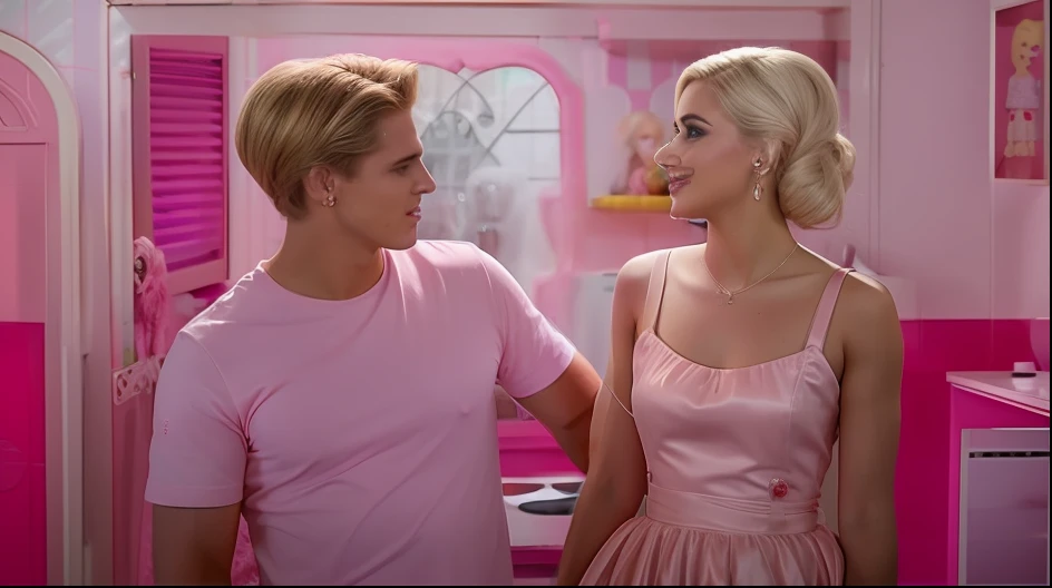 Mulher de cabelos loiros em vestido rosa sentada ao lado de um homem na cozinha rosa, betty cooper, pink iconic character, Barbie ou boneca Ken, Netflix, inspirado por Peter Alexander Hay, captura de tela de um filme, Closeup, imagem promocional do filme, film still image, Joel Fletcher, boneca ken, filme ainda, Ainda quadro de um filme, filme ainda do filme