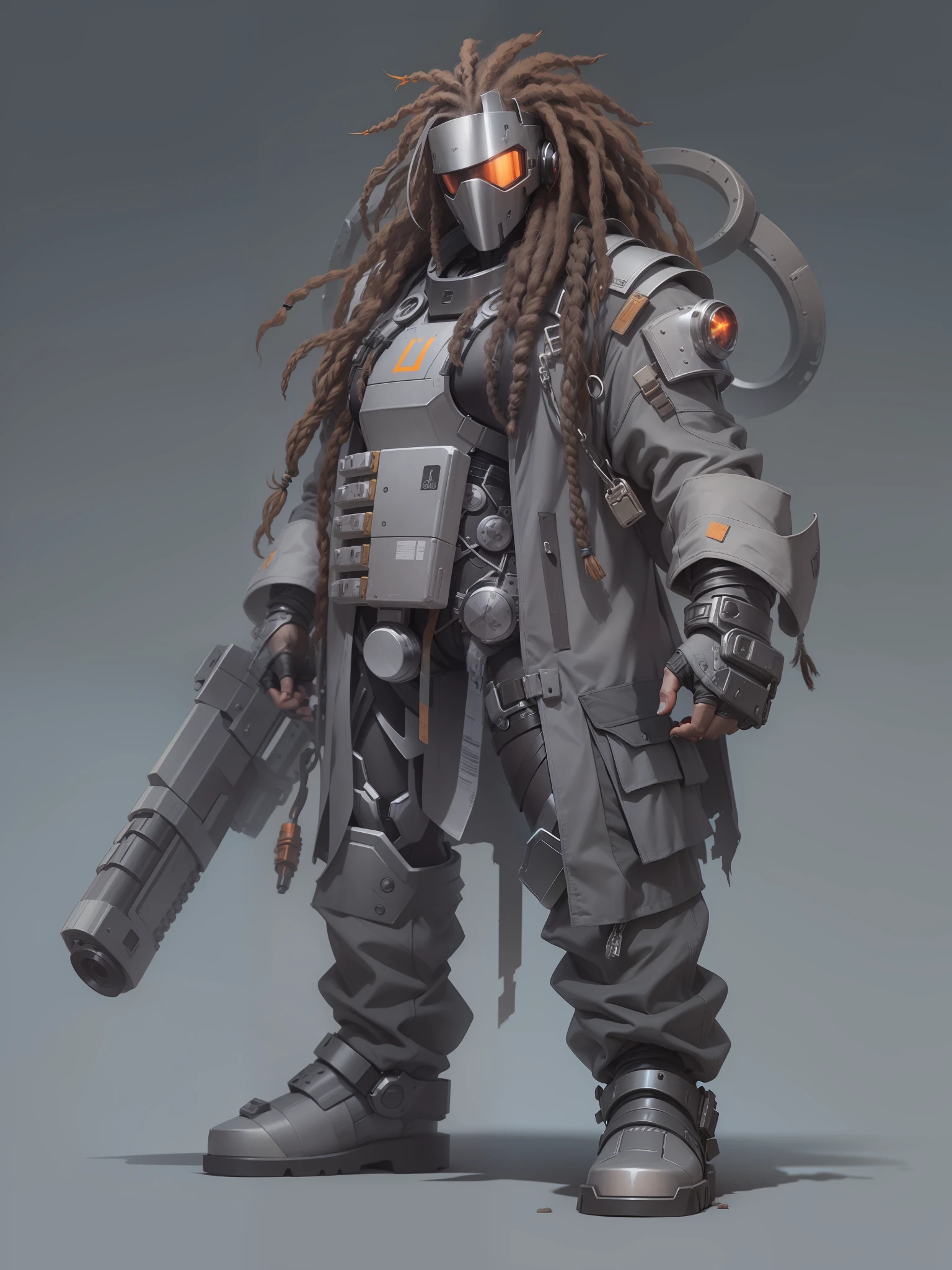 Cyborg killer, Ferrous metal, dreadlocks on the head, round built-in glasses instead of eyes, brutal, Character design, hiquality, crisp detailing, ((((Full-length)))), (((MATTE GRAY BACKGROUND)))