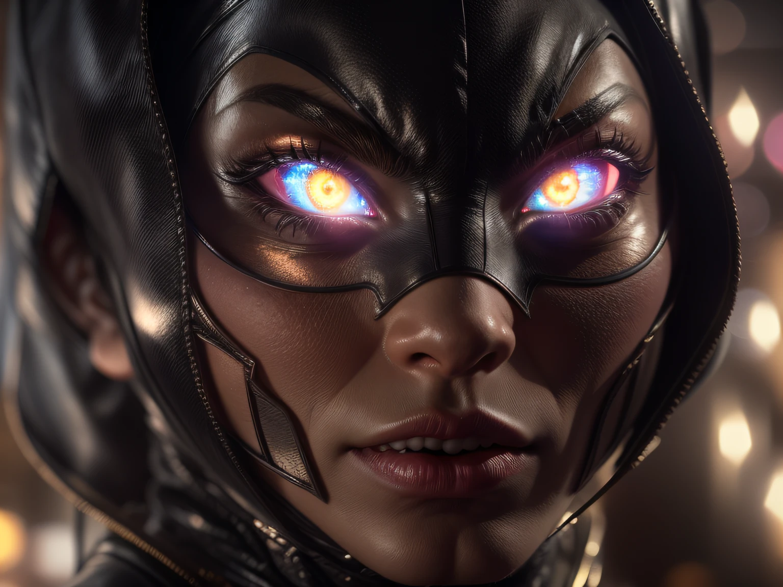 Closeup on a powerful threat, The creepy appearance of the mysterious Catwoman, inimmiga do Batman, vestida com de forma sensual, de bodysuit branco com bege e bronze, menacing stare, ricamente detalhado, Hiper realista, 3D-rendering, obra-prima, NVIDIA, RTX, ray-traced, Bokeh, Night sky with a huge and beautiful full moon, estrelas brilhando, 8k,