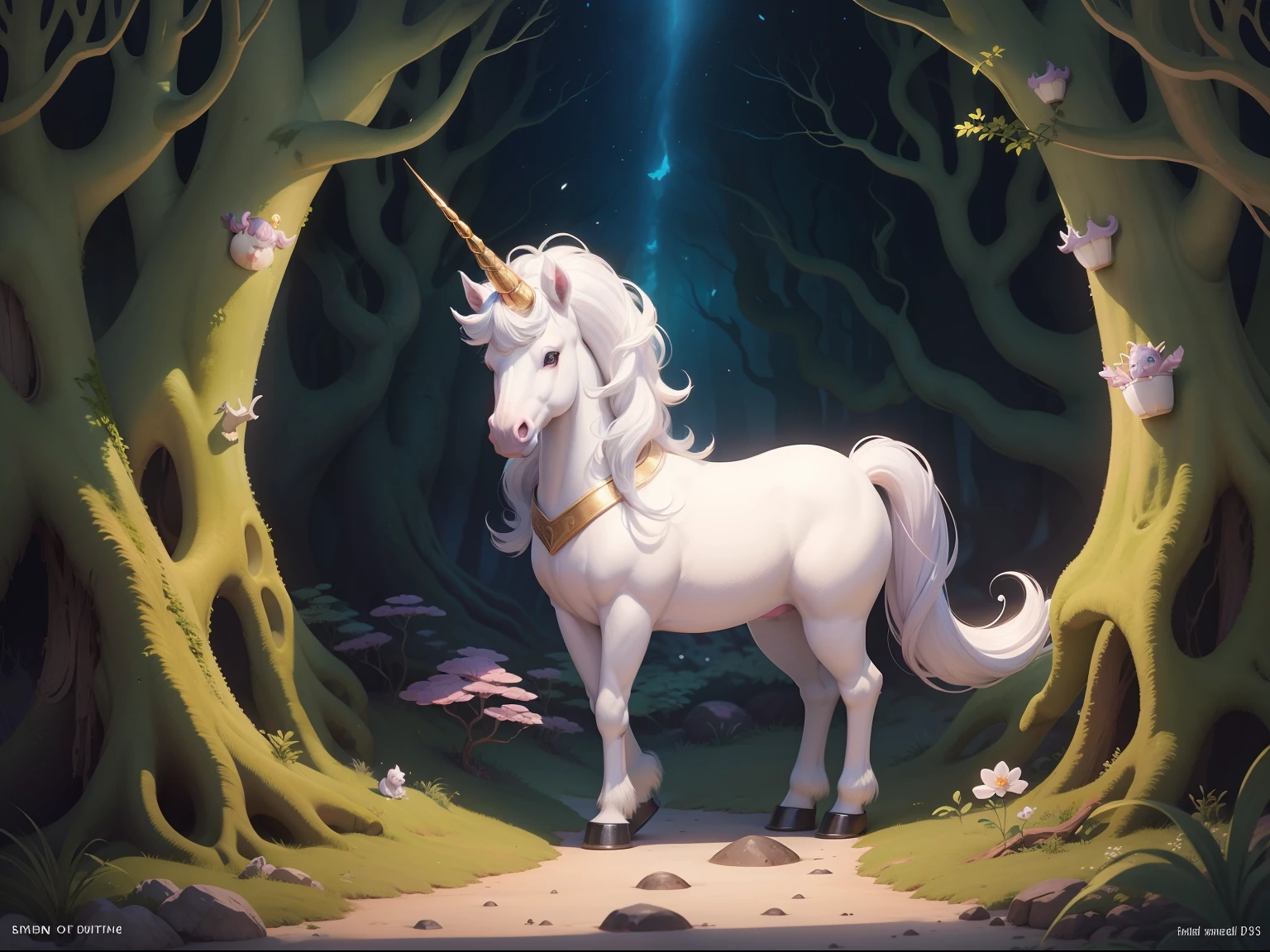 children's book illustration cute unicorn white coat in enchanted forest a single horn in 3 different situations Intertidal Zone