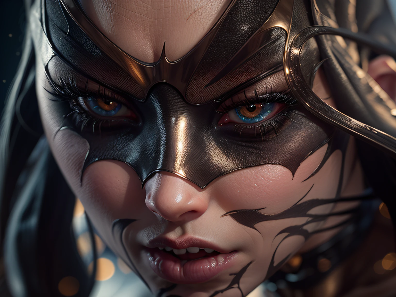 Closeup on a powerful threat, The creepy appearance of the mysterious Catwoman, inimmiga do Batman, vestida com de forma sensual, de bodysuit branco com bege e bronze, menacing stare, ricamente detalhado, Hiper realista, 3D-rendering, obra-prima, NVIDIA, RTX, ray-traced, Bokeh, Night sky with a huge and beautiful full moon, estrelas brilhando, 8k,