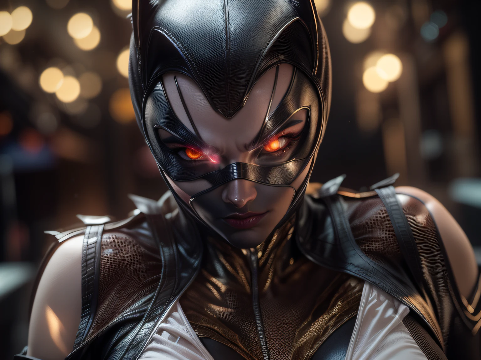 Closeup on a powerful threat, The creepy appearance of the mysterious Catwoman, inimmiga do Batman, vestida com de forma sensual, de bodysuit branco com bege e bronze, menacing stare, ricamente detalhado, Hiper realista, 3D-rendering, obra-prima, NVIDIA, RTX, ray-traced, Bokeh, Night sky with a huge and beautiful full moon, estrelas brilhando, 8k,