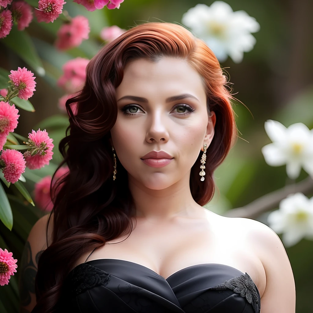 Scarlett Johansson, obra-prima, retrato de corpo inteiro, Black Widow, vestindo terno preto de fibra de carbono, revelando vestido sexy, peitos grandes, decote, cintura fina, bunda grande, mulher gostosa e atraente, imagem realista, Dslr, pele detalhada, rosto detalhado , hiper realista, posing for the camera, modelo profissional, DSLR photo shoot.  tattoo of Hannya with flowers and sea waves