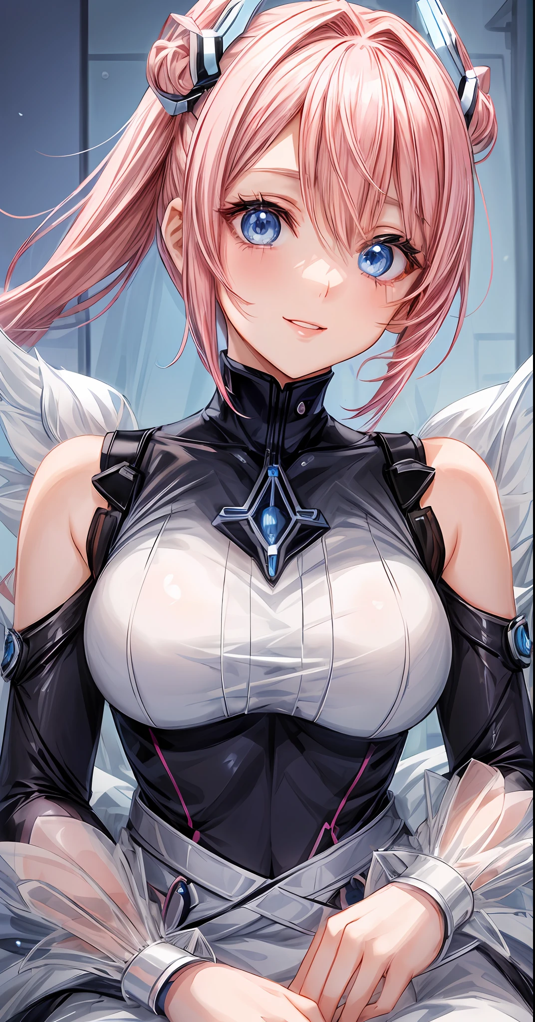 (A beautiful anime girl with short, vibrant pink hair and captivating blue eyes, sitting gracefully. She is wearing futuristic off-shoulder outfit, radiating elegance and charm. Her smile brightens up the room, complementing her fair and flawless complexion.)