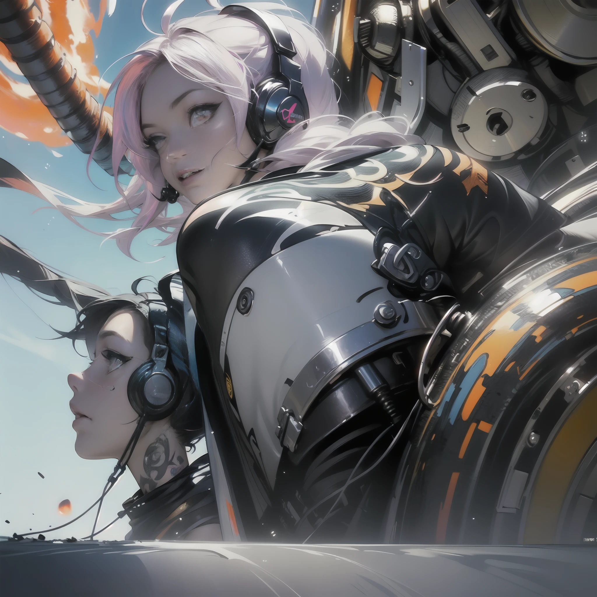 tattoo, absurdly long hair, hime cut, big forhead, hair pulled back, twin drills, floating and rainbow hair, gradient hair, Iridescence and rainbow hair, antenna hair, indifference, large_breasts, red eyes, white skin, fake_animal_ears,big headphones, vacuum tubes, speed lines, fake screenshot, wallpaper 8k CG, very fine 8KCG wallpapers,(a girl, head shot, side view,facial profile)