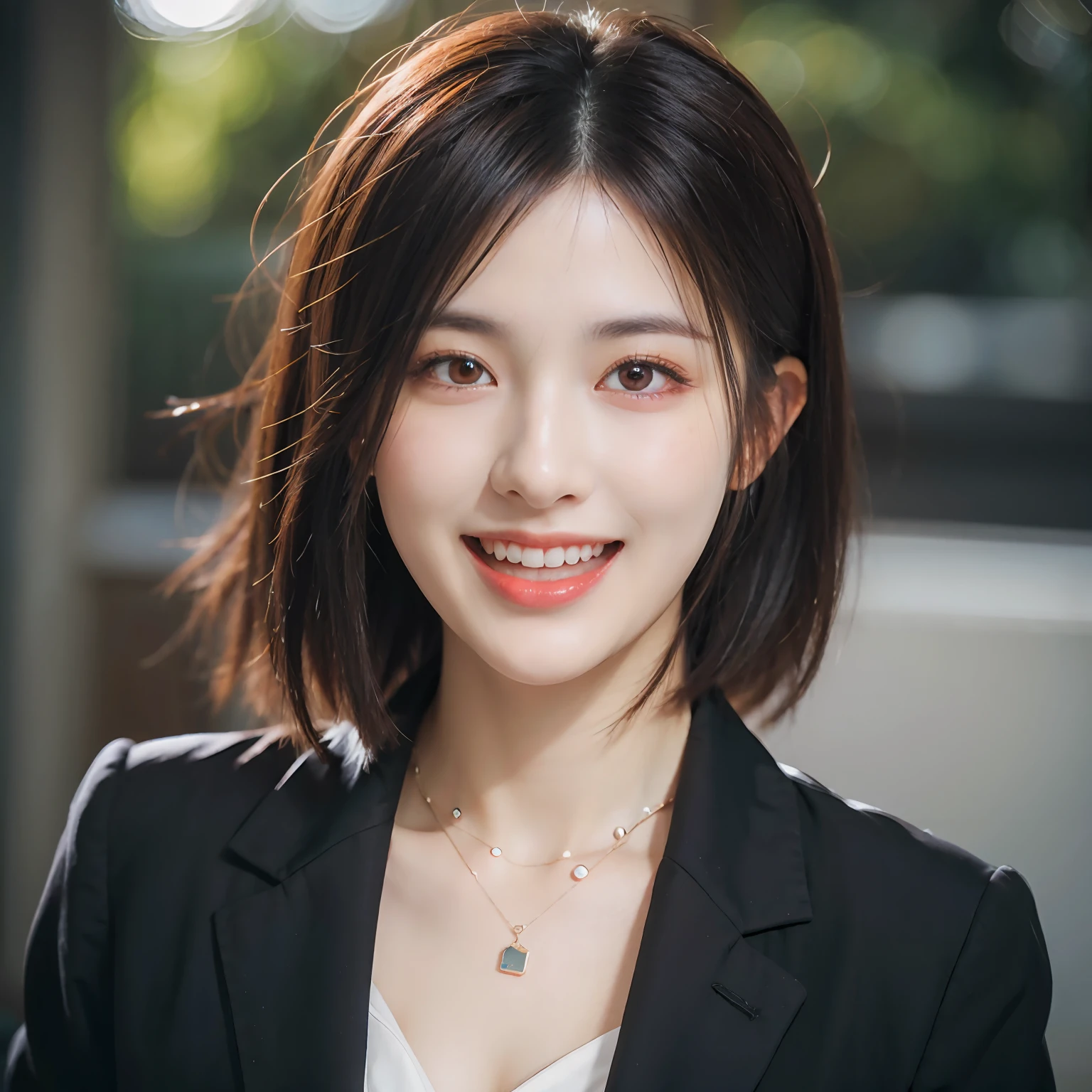 Dressed, (photographrealistic:1.4), (Hyper realistic:1.4), (Realistic:1.3), (Smoother lighting:1.05), (increase cinematic lighting quality:0.9), 32K, 1girl in,25-years old, Realistic lighting, Backlighting, Light on Face, raytrace, (Brightening light:1.2), (Increase quality:1.4), (Top quality real texture skins:1.4), finely detailed eyes, finerly detailed face, (tired and sleepy and joy:0), (Laugh:1.4), Black Suit,a necklace, (Increase body line mood:1.1), (Increase the beauty of skin texture:1.1)