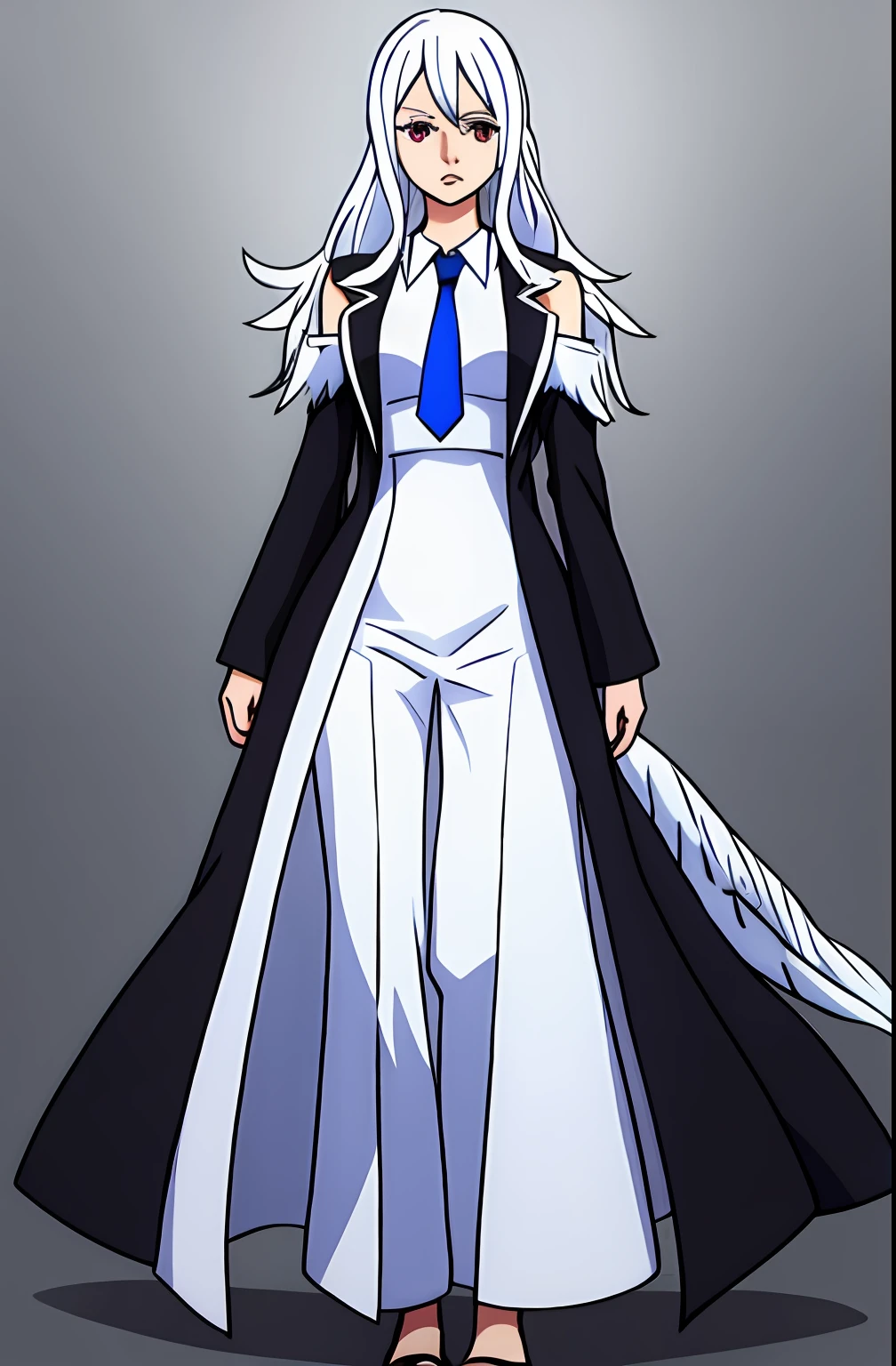 Tall woman, long hair, white hair, medium breasts, white dress shirt, light blue tie, black feather coat over shoulders, black dress pants, black eyes, art by Eiichiro Oda