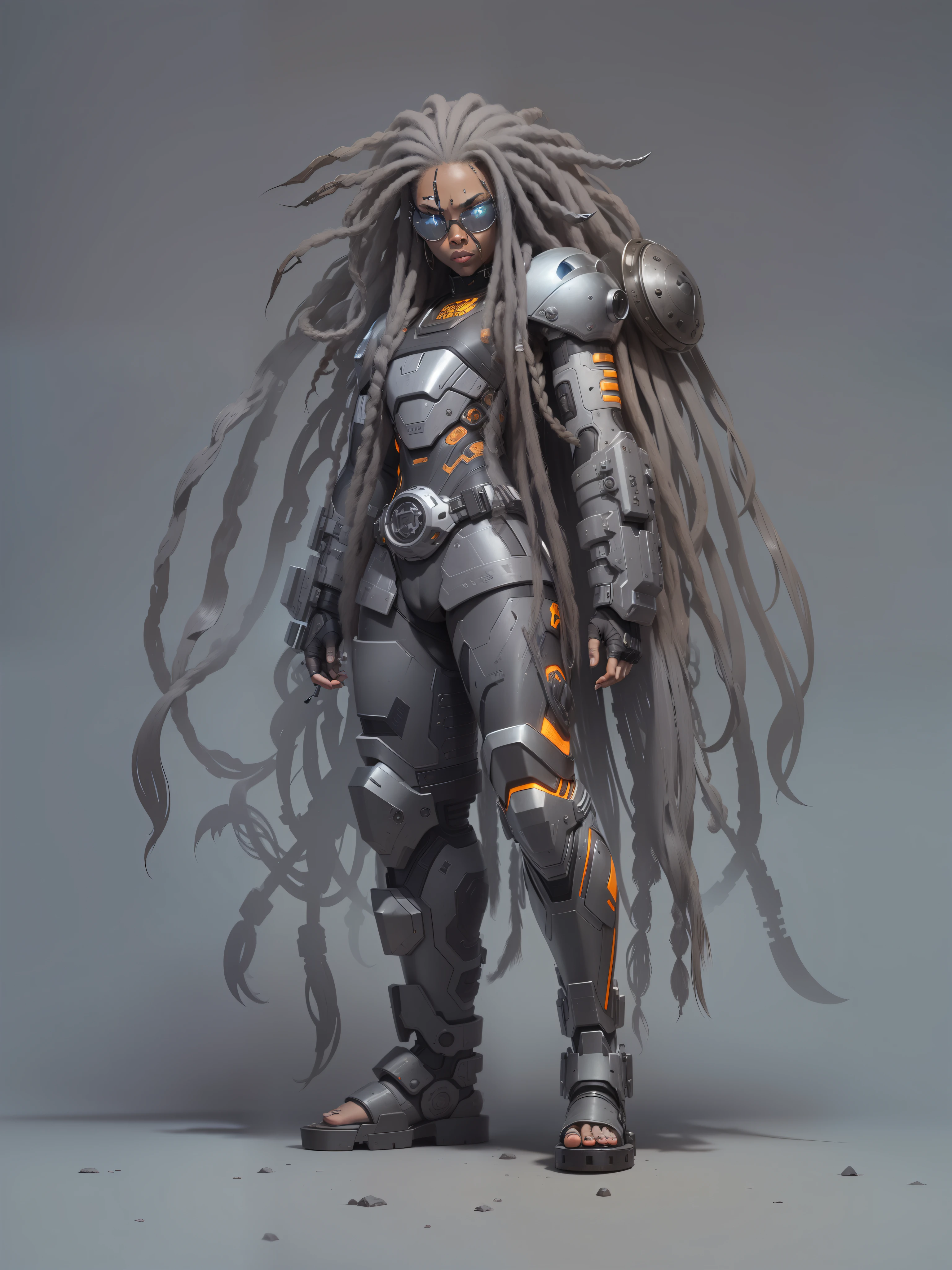 Cyborg killer, Ferrous metal, dreadlocks on the head, round built-in glasses instead of eyes, brutal, Character design, hiquality, crisp detailing, ((((Full-length)))), (((MATTE GRAY BACKGROUND)))