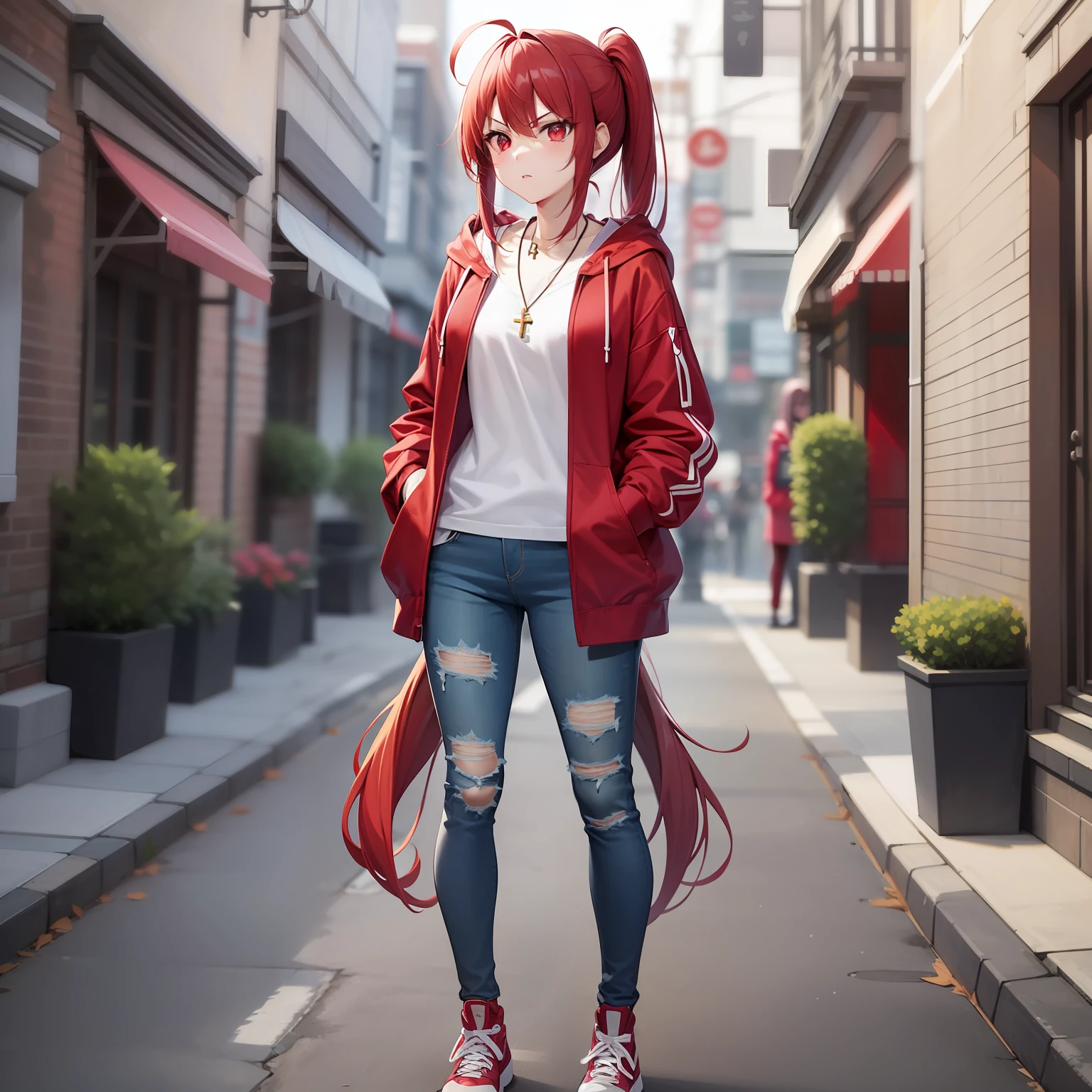 Anime style、女の子1人、full body Esbian、glares、{hairstyle on:(red hairs)、(Longhaire),(Ahoge),(poneyTail)}、red eyes、Long body、Red hoodie、Cross Necklace、damage jeans、to stand、Front composition