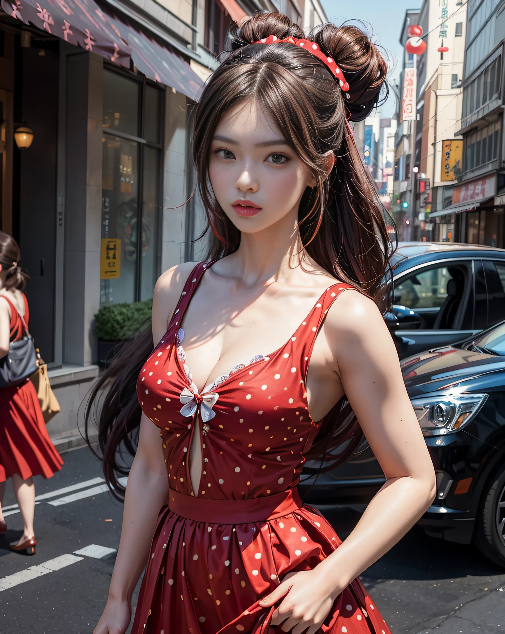 (masterpiece, beautiful art:1.4), close-up of a Tokyo 25yo 1woman, walking Tokyo streets, (bright red polkadot dress:1.3), (lifting skirt:1.2), (hair bun:1,1), (dynamic pose:1.2), (perfect beautiful face:1.2), mix4, chengwei pan on artstation, by Yang J, detailed realistic art, stunning character art, fanart best artstation, epic exquisite character art, extremely detailed artgerm, detailed digital anime art, artgerm on artstation pixiv