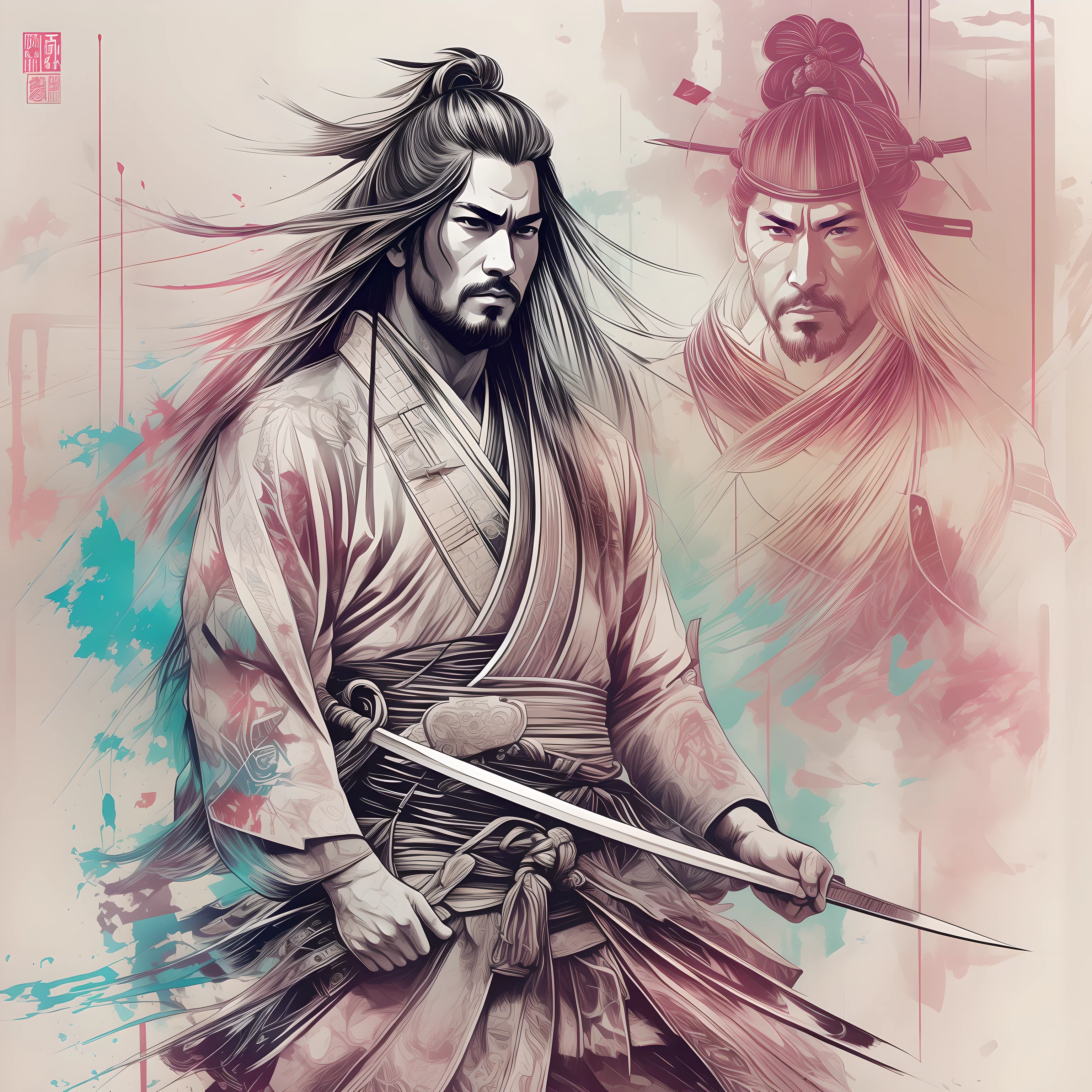 ((Vibrant colors)). A detailed portrait of long hair samurai in Japanese Edo period in Richard Anderson's art style, double exposure with sepia Carne Griffiths art style, with a unique blend of realism and abstraction. full body action pose shot, black and white sketch. comic style.