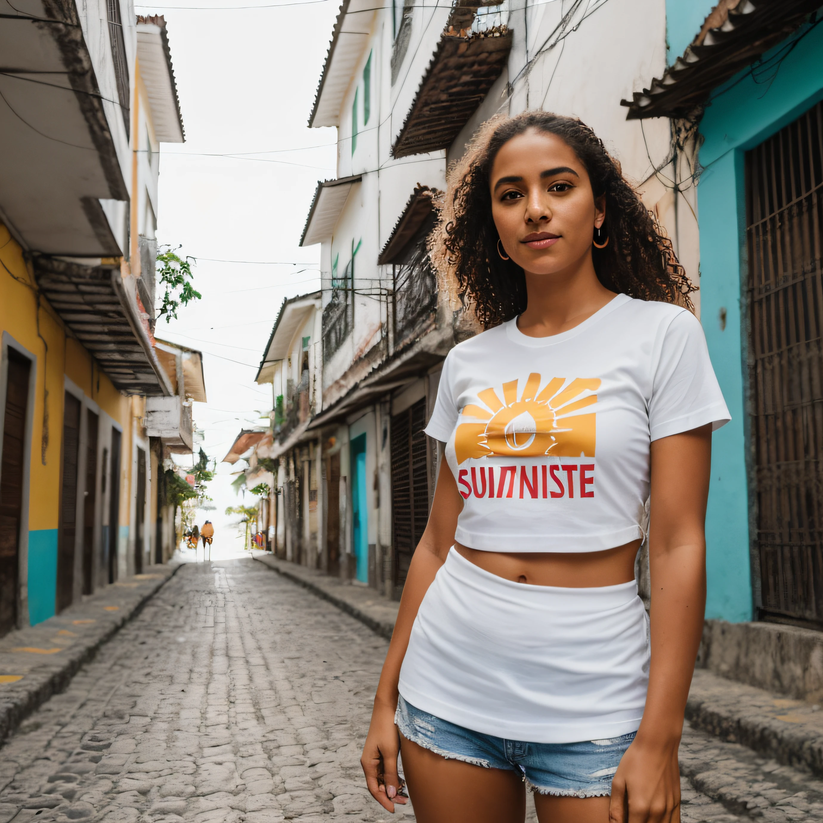 Foto RAW, uma foto de retrato da mulher vestida com t-shirt, parte superior do corpo, sunshine, rua da cidade salvador na Bahia, (pele altamente detalhada: 1.2), 8k uhd, dslr, soft-lighting, alta qualidade, grain of film, Fujifilm XT3