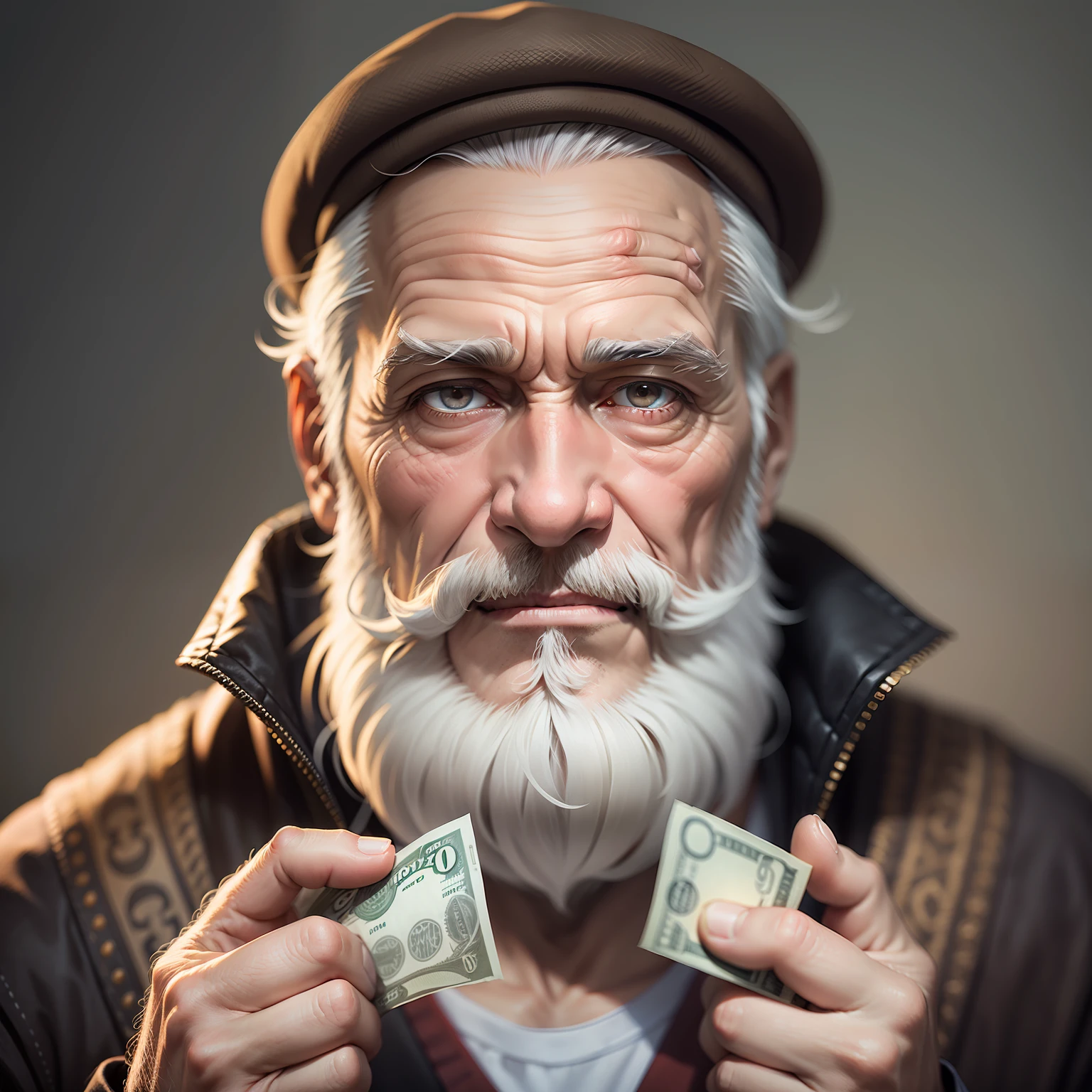 A realistic photographic portrait of an old man with a gray beard, olhar intenso, with money in his hand