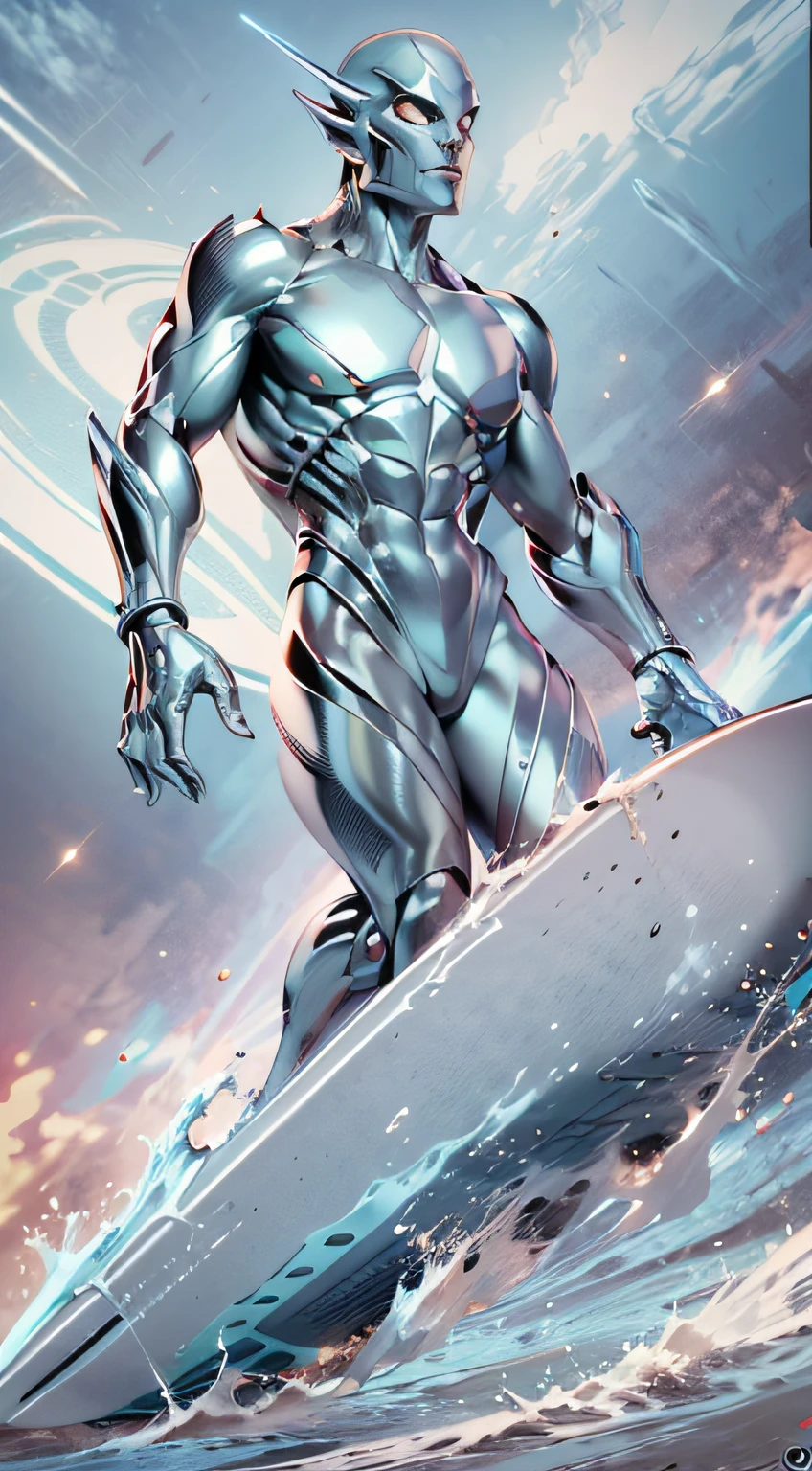 The Silver Surfer is a humanoid alien with metallic skin who can travel through space with the aid of his surfboard-like craft.