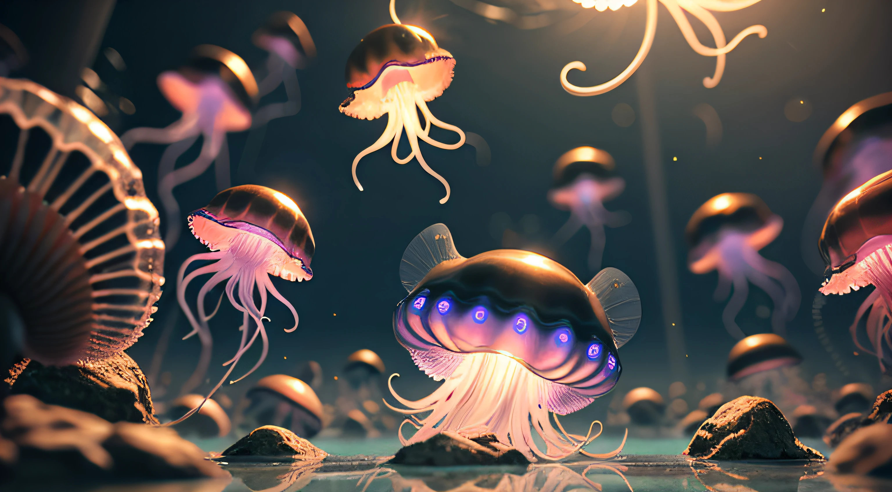 There are lots of jellyfish floating in the water and a few rocks, Cyberpunk Jellyfish, Jellyfish Dance, Temple of Jellyfish, Space Medusa, Jellyfish, Bip de rendu 3D, Frost glow, jellyfish, Medusa God, jelly, deviantart artstation cgscosiety, Glowing jellyfish, Fantastique Art Behance, Sea like jelly, style hybrid mix of beeple