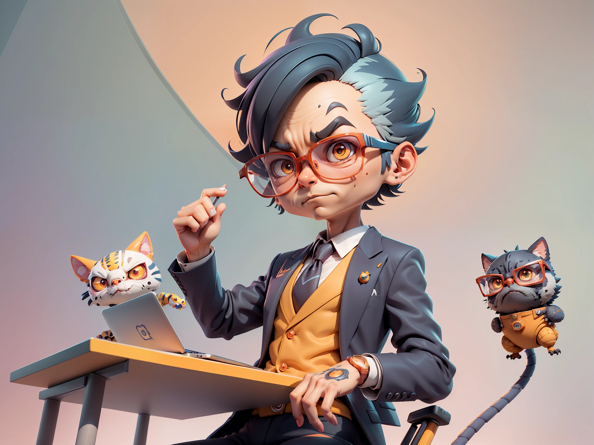 A young man in a suit, Short hair and glasses sat at his desk,holding laptop,digitial painting,tigre,3D character design by Mark Clairen and Pixar and Hayao Miyazaki and Akira Toriyama,4K HD illustration,Very detailed facial features and cartoon-style visuals。