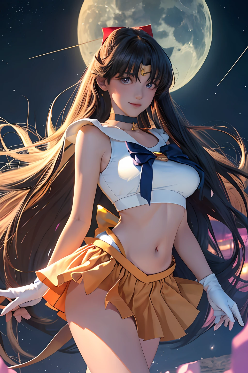 SAMA1、tiarra、Sailor Senshi Uniform、white glove、orangesailorcollar、orangeskirt、star choker、elbowgloves、、a baby face、prt、Bare legged、White panty、beautiful smiling face、Beautiful facial features、Japan at the age of 18、Beautiful bust、Beautiful belly button、beautiful thigh、Beautiful eyes、９Purple bow、
sea side,(Marz_\(planetes\)),floating_hair,Pointing_To_The_Side,Leg_ass hole up,,Insane details,intricate detailes,Hyper-detailing,ultra -detail,camel's toe、Extreme Detail,Highest detail,high_detail,colourfull,Beautiful fece,nffsw,Photorealsitic,Hi-Res,Ultras_high_res,a picture,aesthetics,extremely_Delicate,,1girl in,独奏,Colossal tits,Look at viewers,wide_shot,(​masterpiece:1.3),(best_quality:1.3),(Ultras_Detailed:1.3),8K,extremely_Clear,